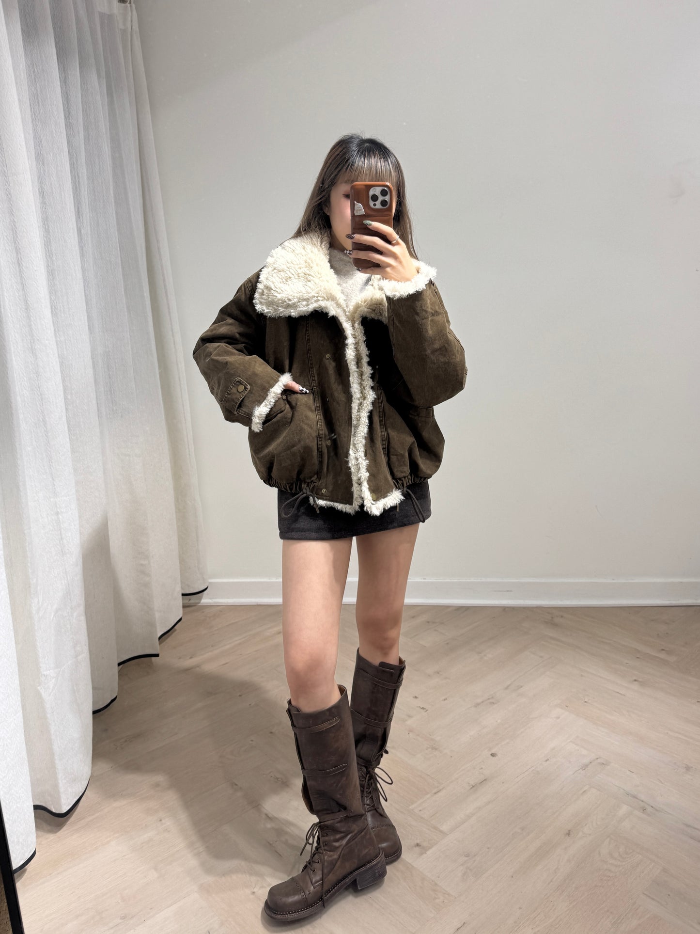 大反領毛毛洗水外套 ( 灰綠/啡 )