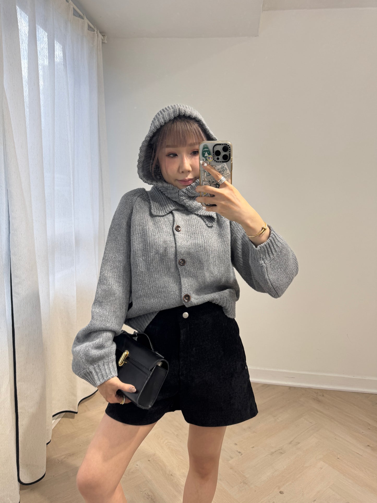 連冷帽鈕扣冷外套套裝 ( 灰/米白/黑 )