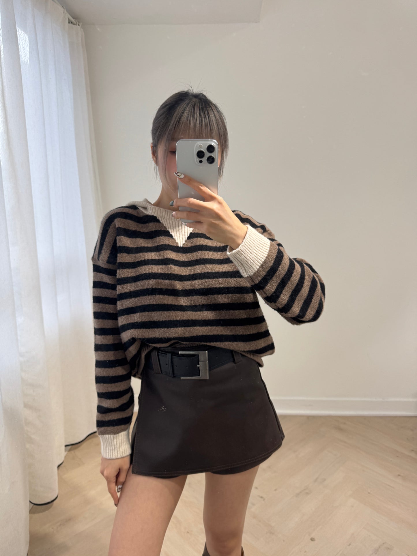 有帽間條冷線上衣 ( 啡/紅/綠 )