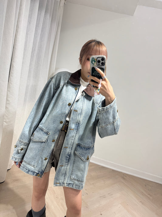 啡絨領牛仔中長外套