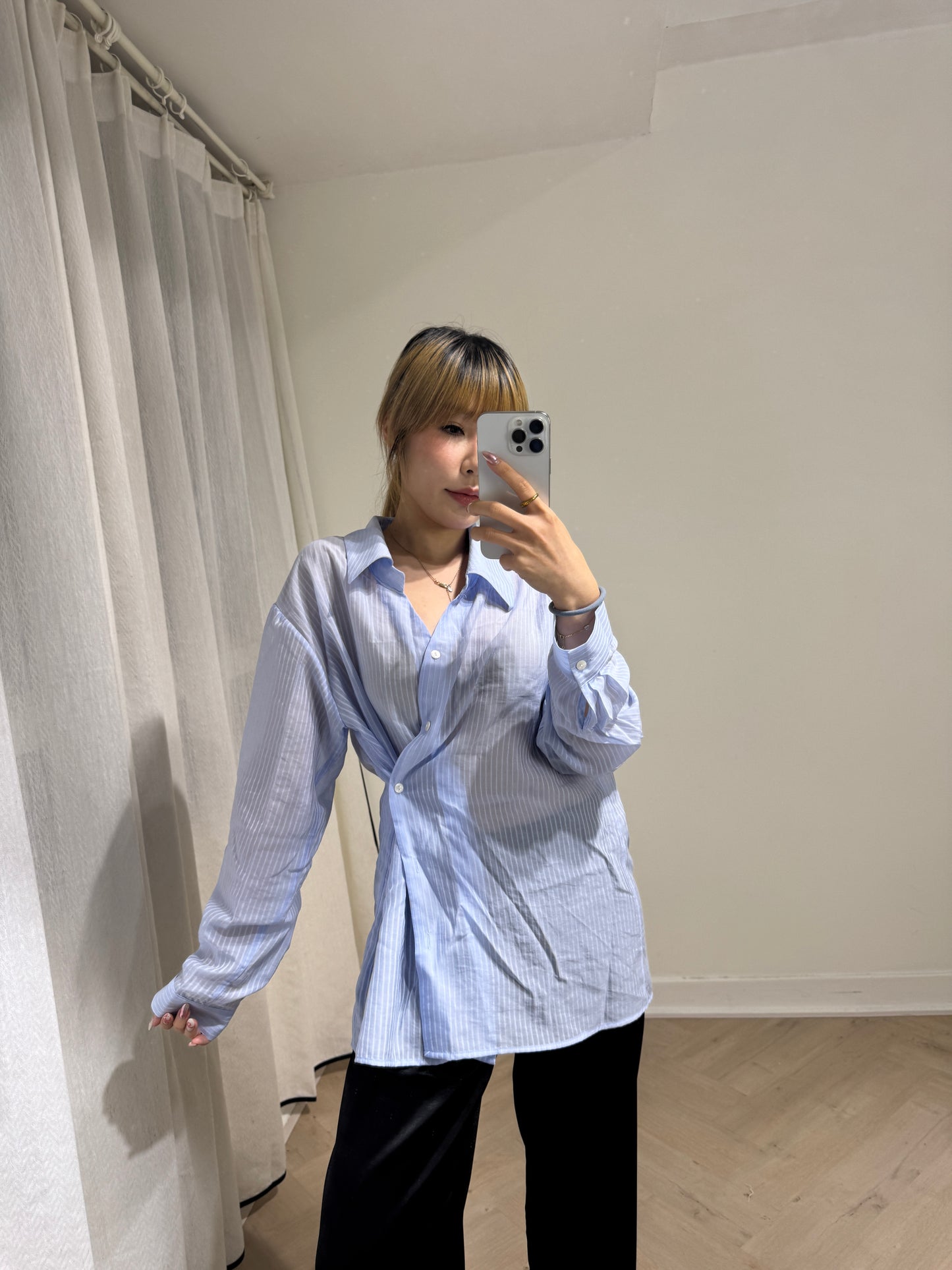 透薄條子恤衫套裝 ( 白/黃/藍 )