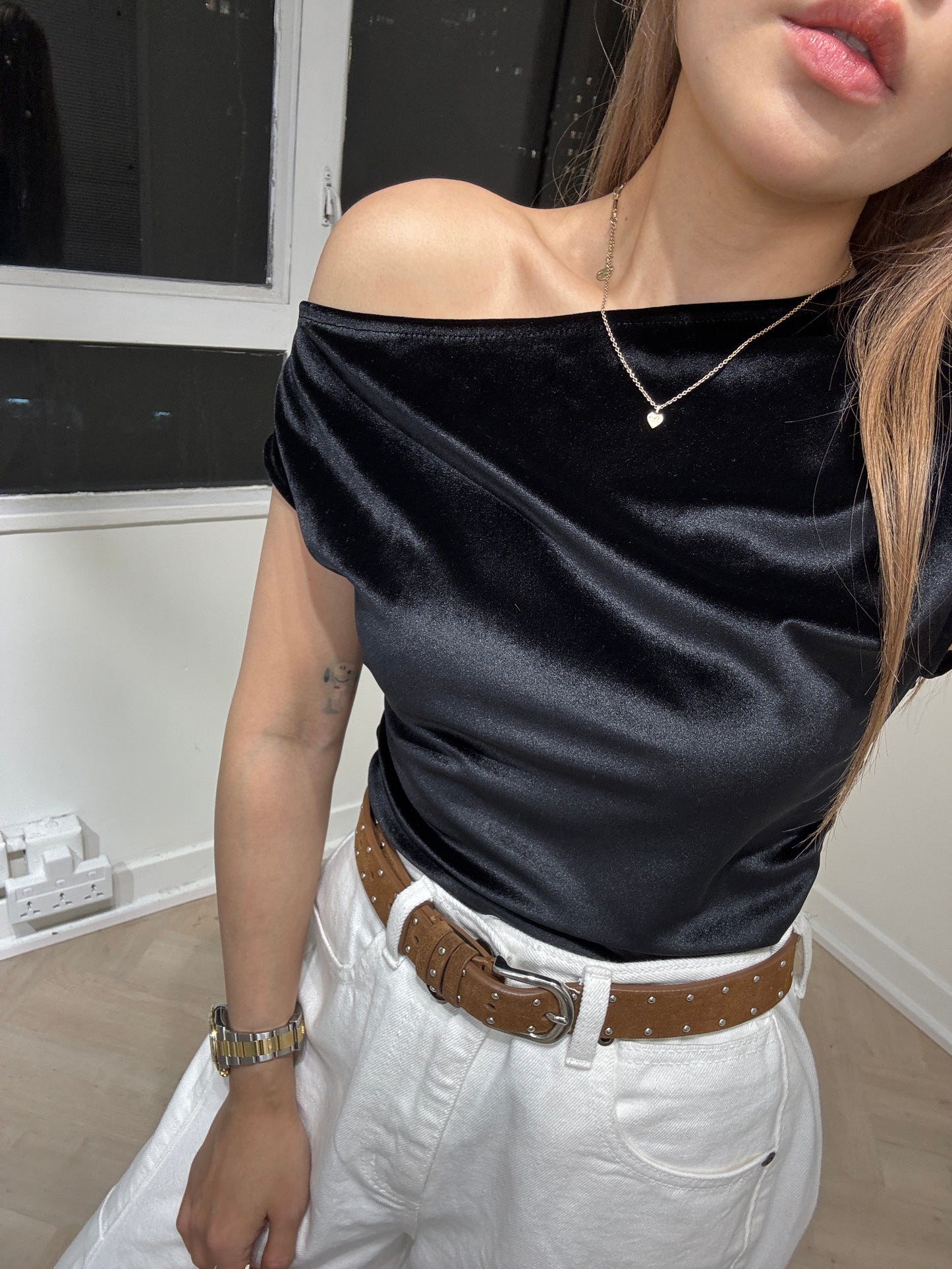 絲絨斜膊上衣 ( 粉/黑 )