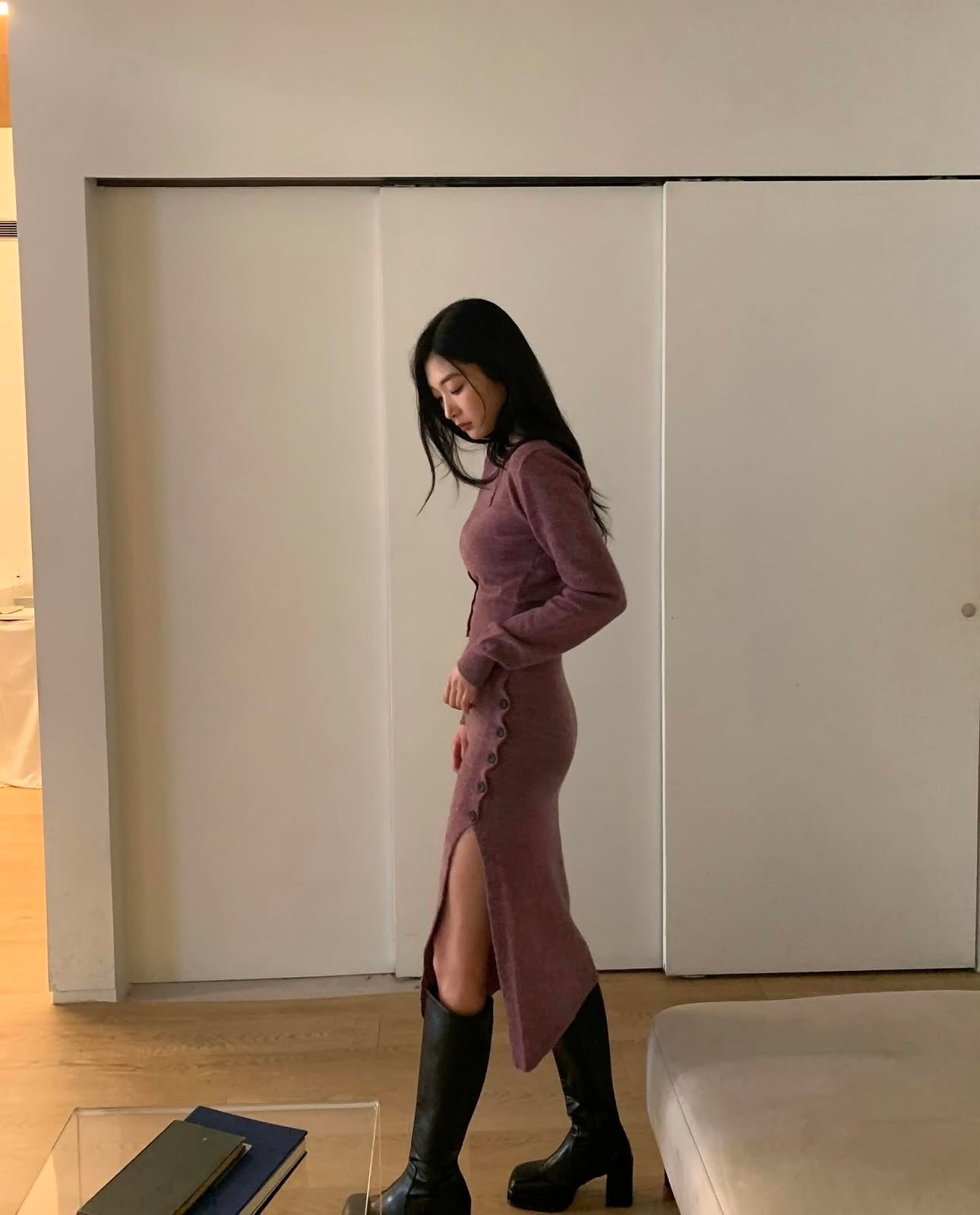 羊毛料開鈕鉛筆裙 ( 啡/紫 )