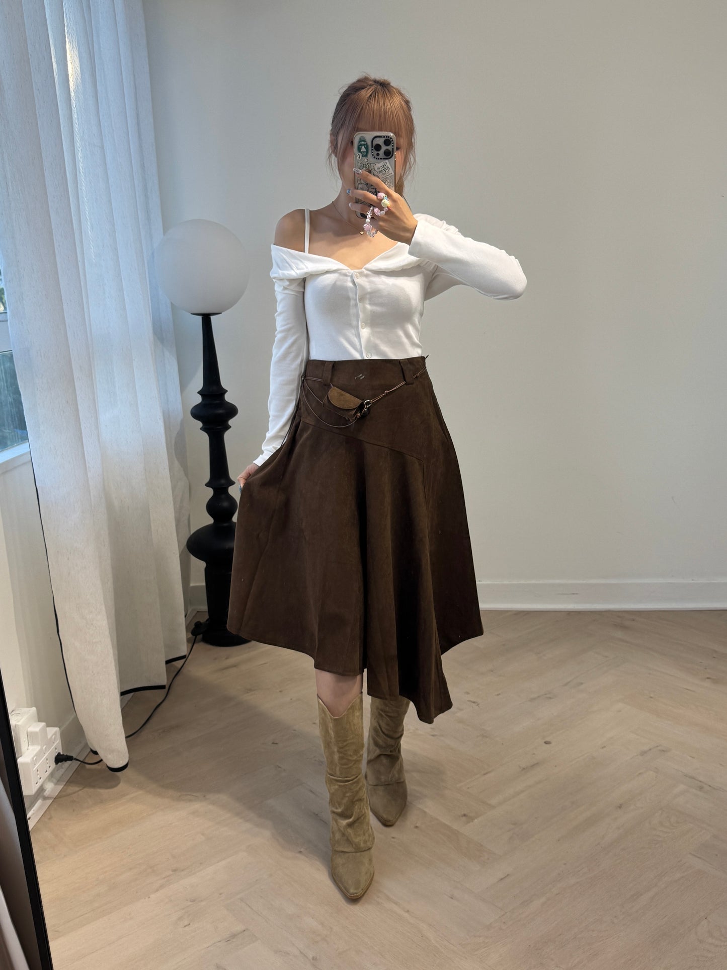 麂布連腰繩不規則長裙 ( 深啡/淺啡 )