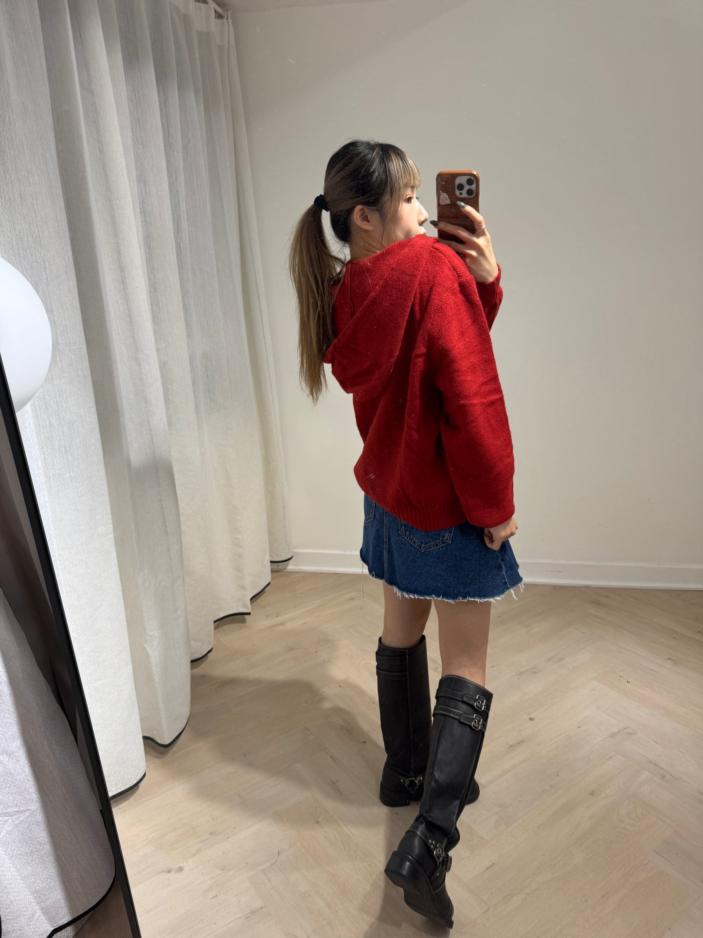 紅色假兩件有帽上衣