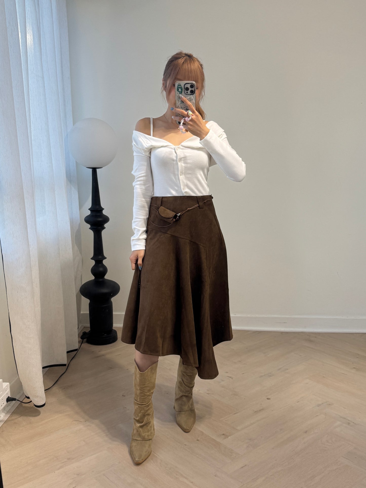 麂布連腰繩不規則長裙 ( 深啡/淺啡 )