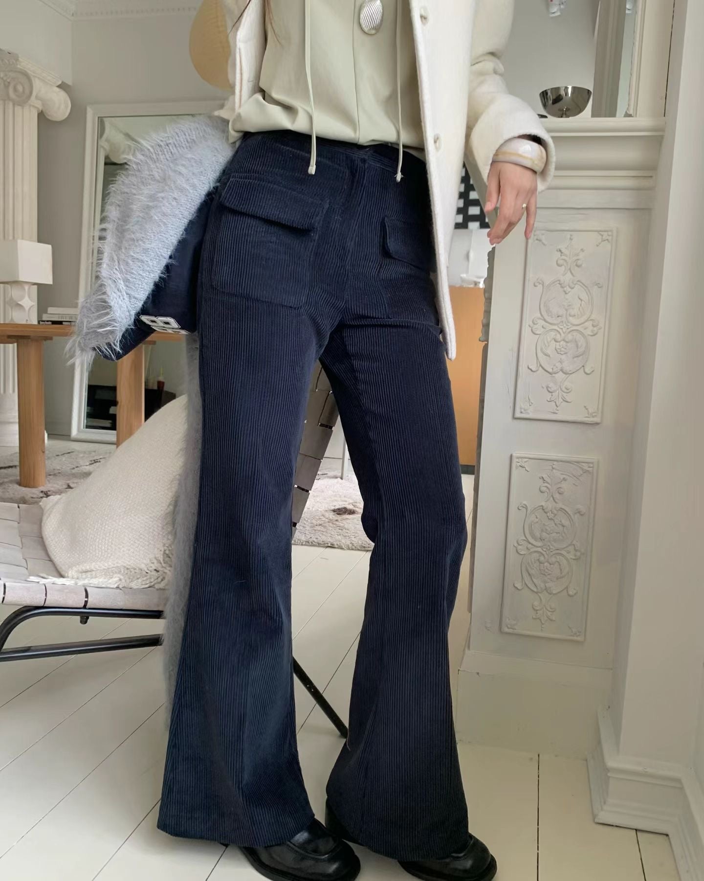 雙口袋燈芯絨喇叭長褲 ( 寶藍/杏 )