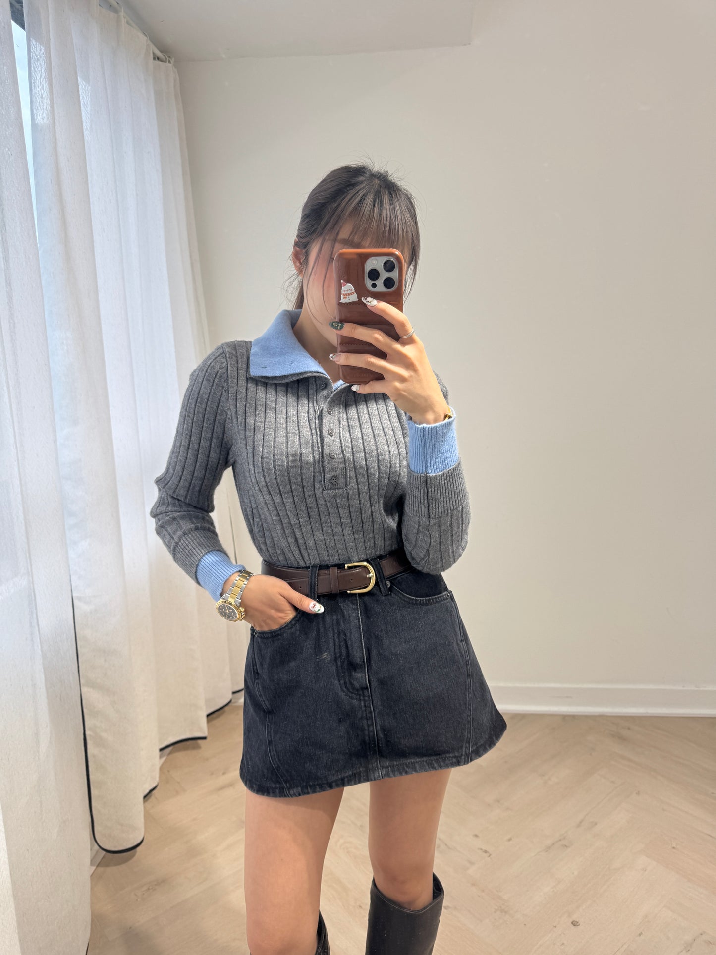 藍併灰直紋假兩件上衣