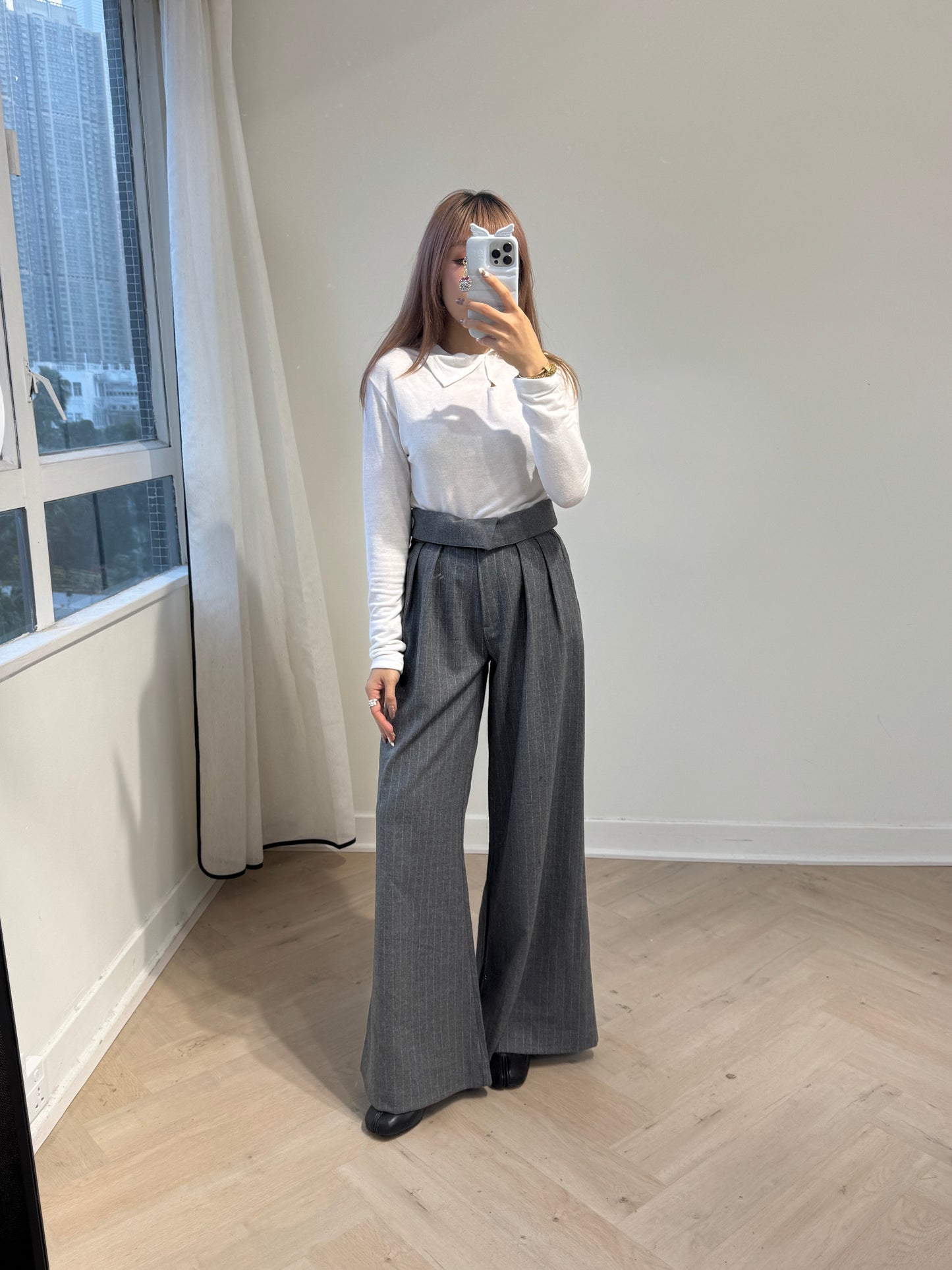 鈕扣薄料上衣 ( 深灰/白/粉 )