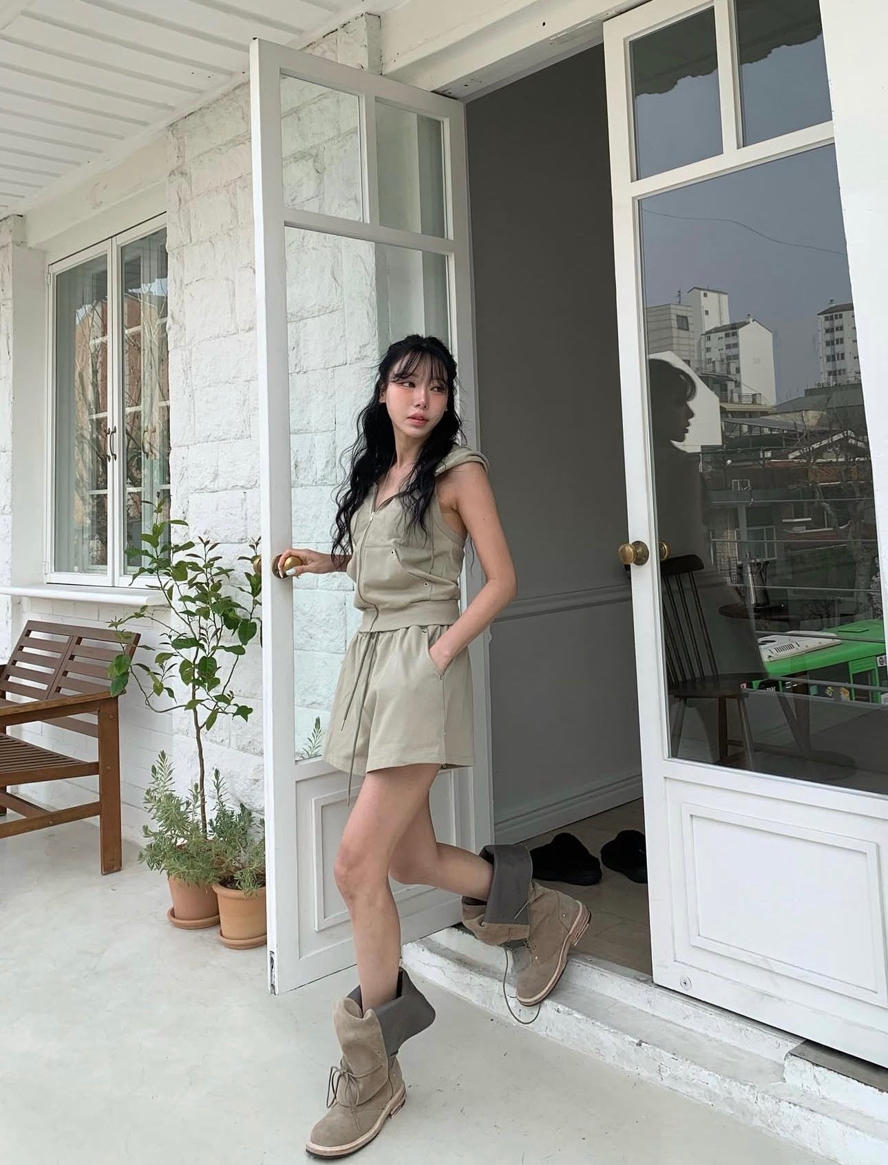 有帽衛衣款棉質背心 ( 黑/白/灰/杏/藍 )