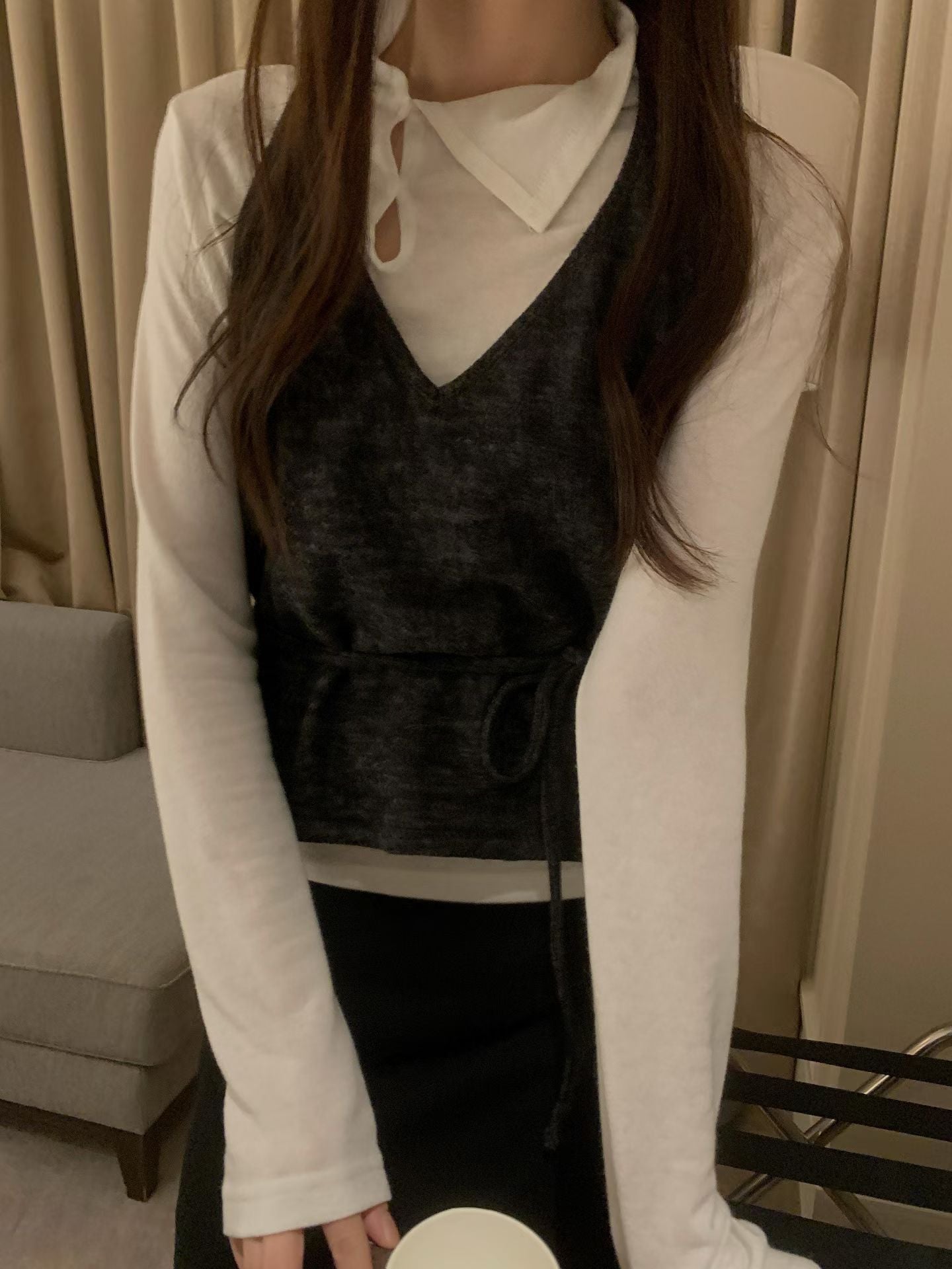 鈕扣薄料上衣 ( 深灰/白/粉 )