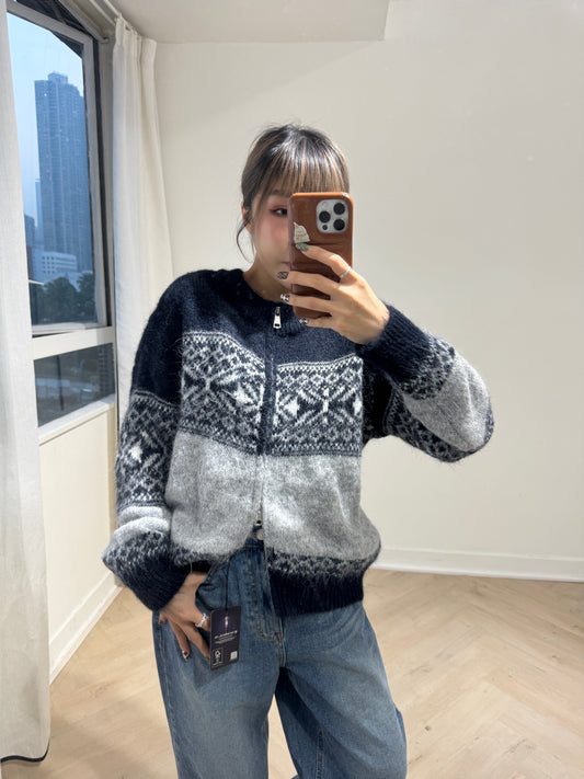 灰併寶藍雪花拉鍊外套