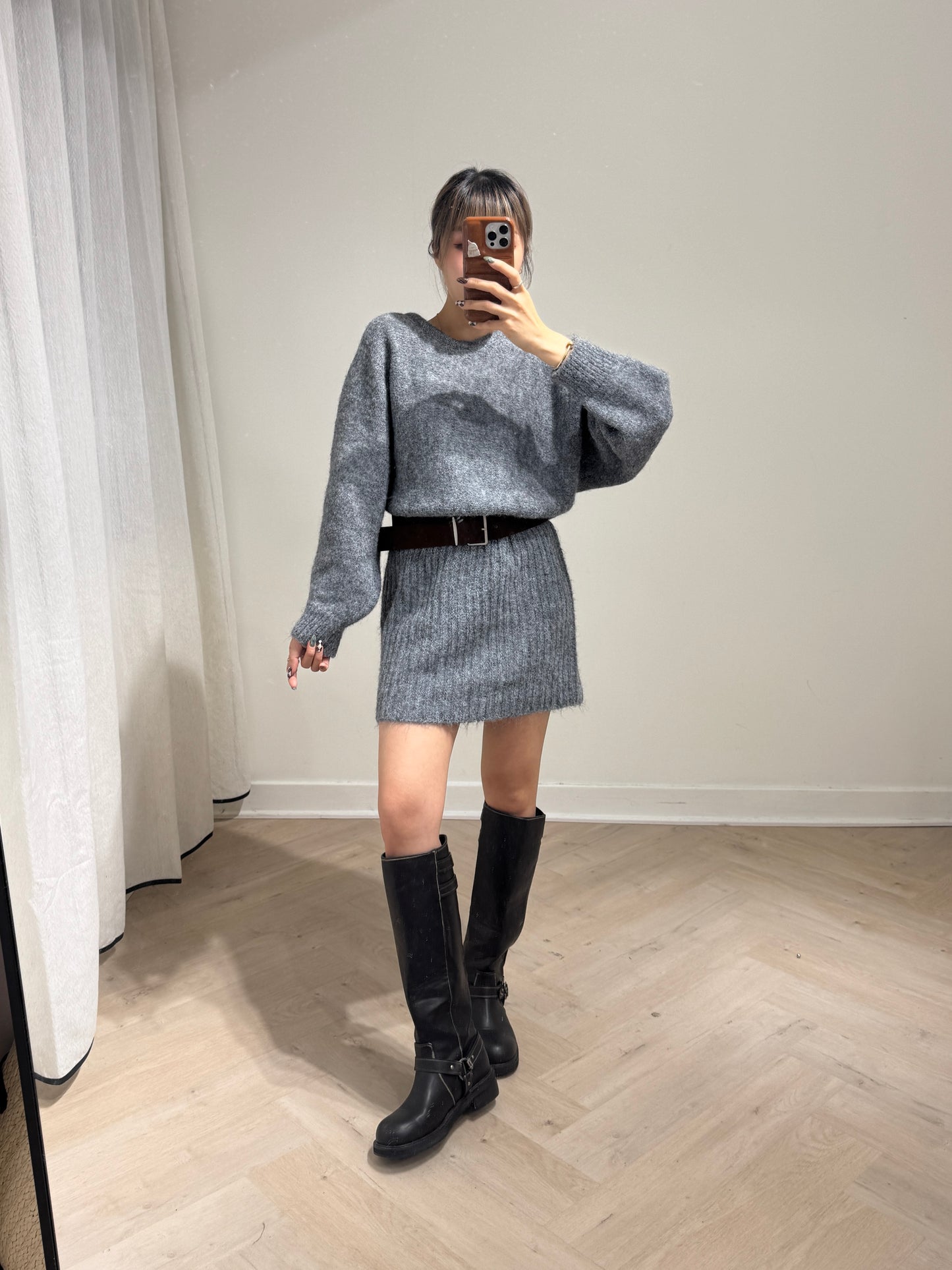 連皮帶冷線連衣裙 ( 灰/米白/啡 )