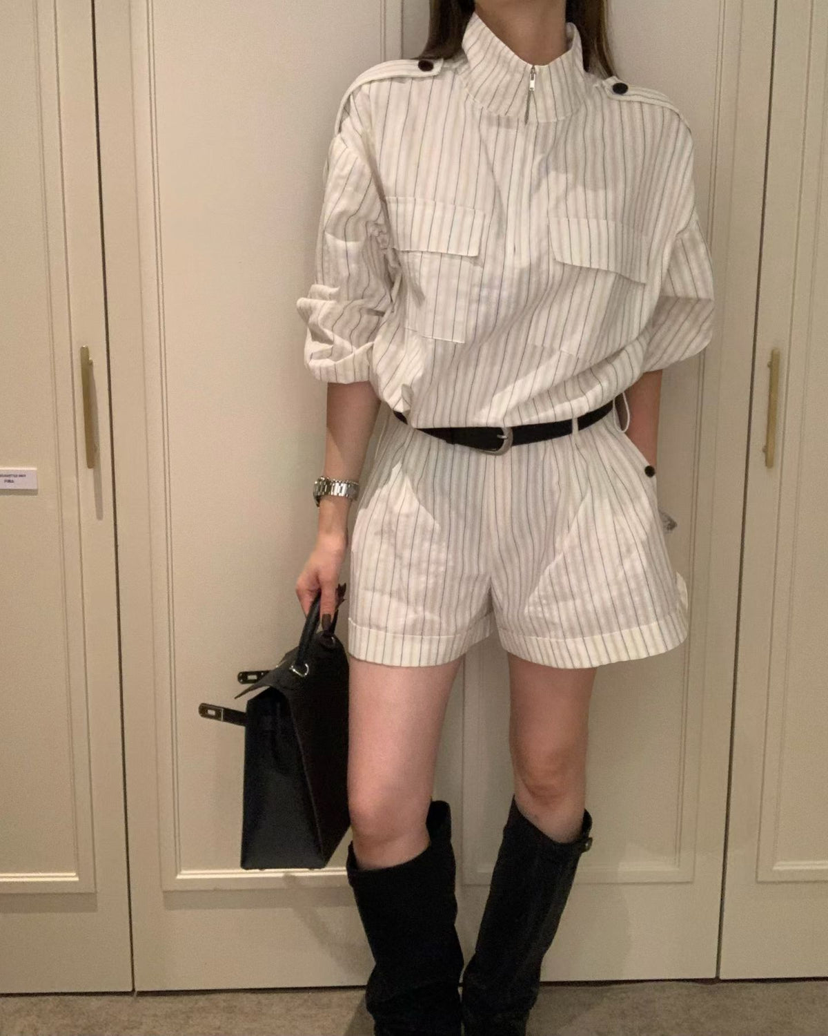 直紋反摺短褲 ( 杏/藍/啡 )