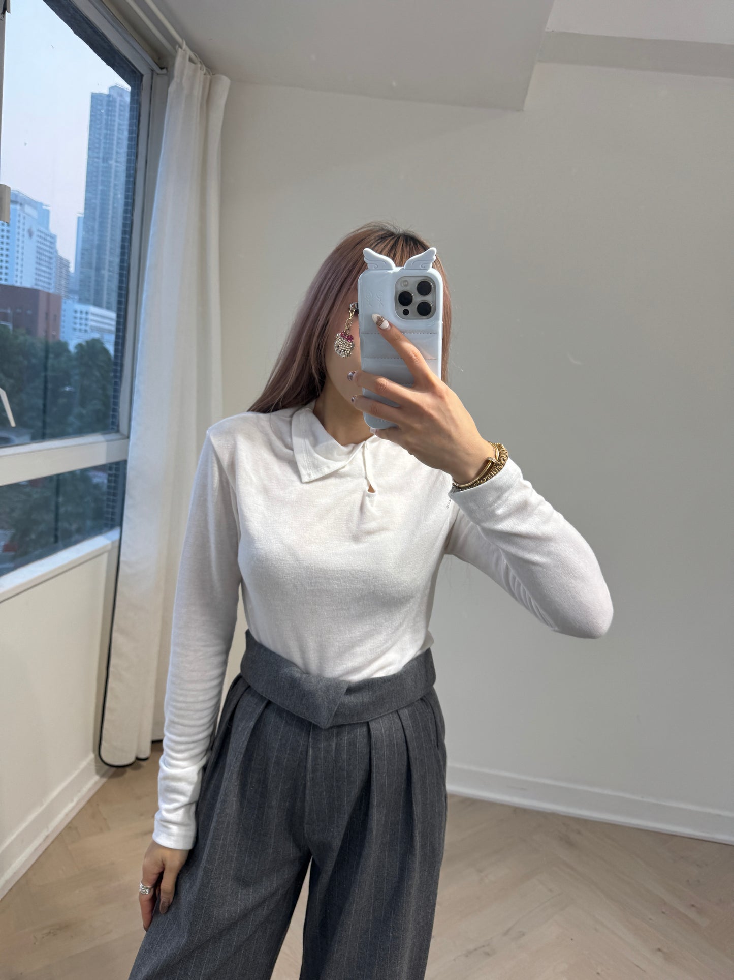 鈕扣薄料上衣 ( 深灰/白/粉 )