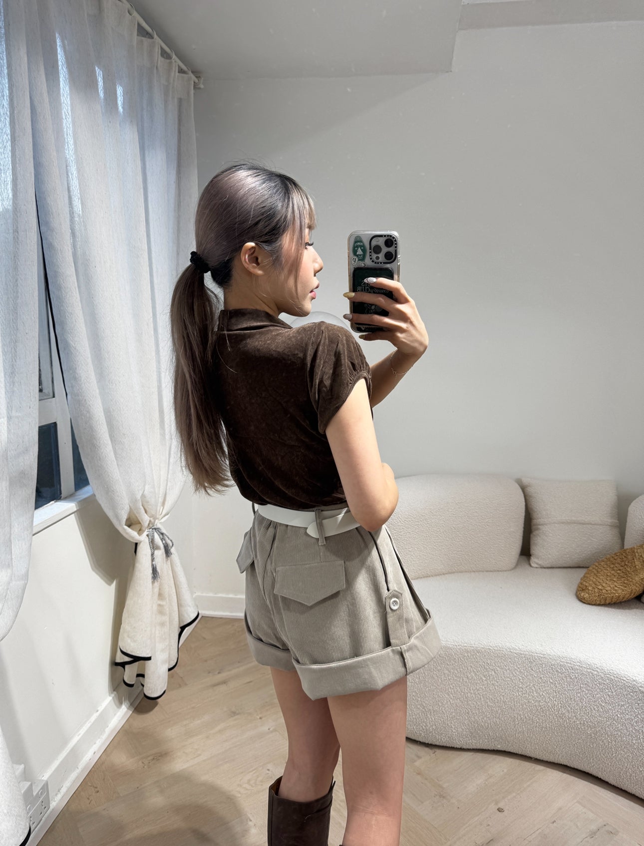 燈芯絨可反摺短褲 ( 米杏/深灰 )