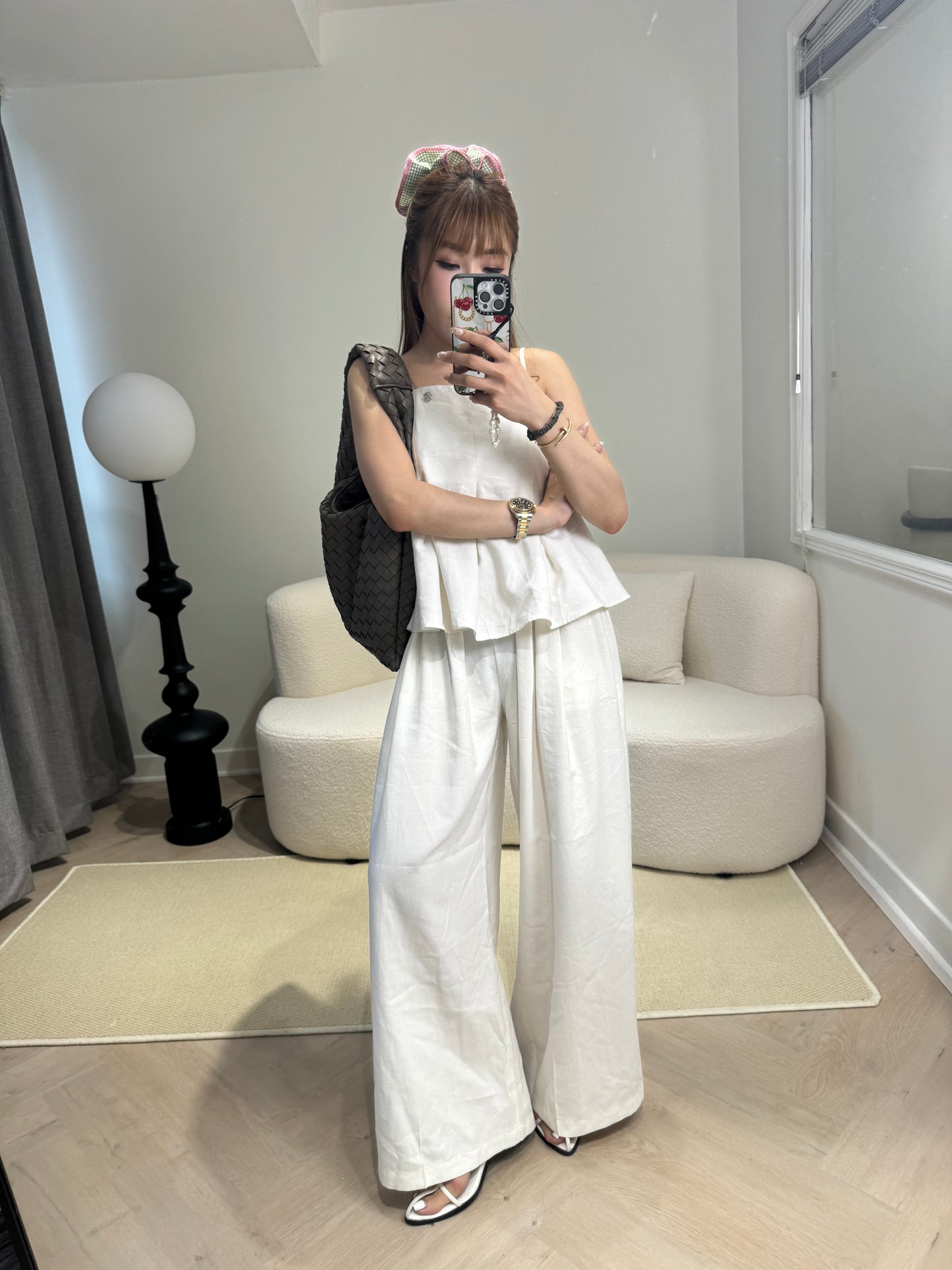 挺棉麻背心長褲套裝 ( 黑/米白 )