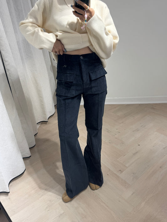 雙口袋燈芯絨喇叭長褲 ( 寶藍/杏 )