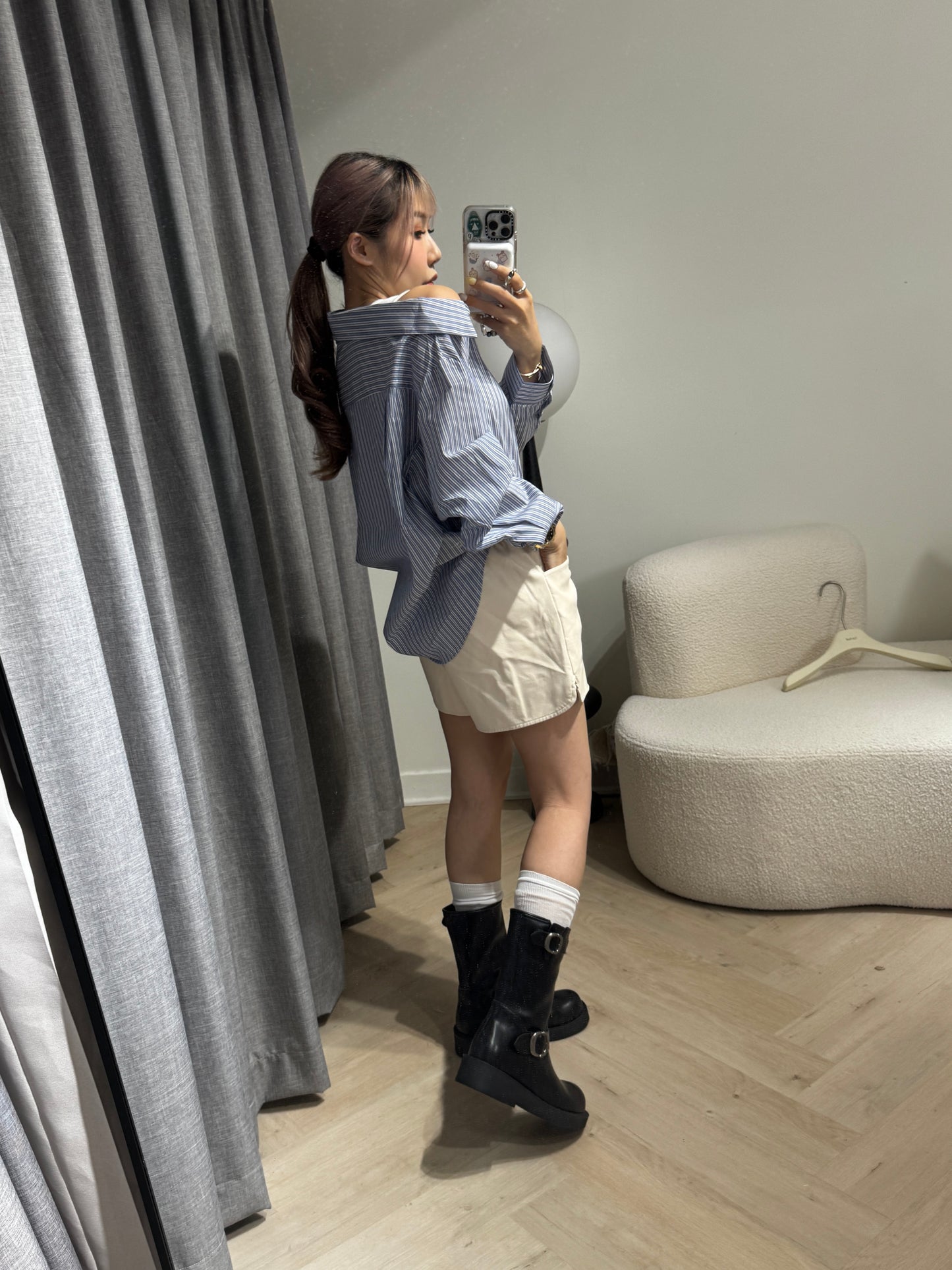 皮繩弧圓腳皮短褲 ( 黑/米/啡 )