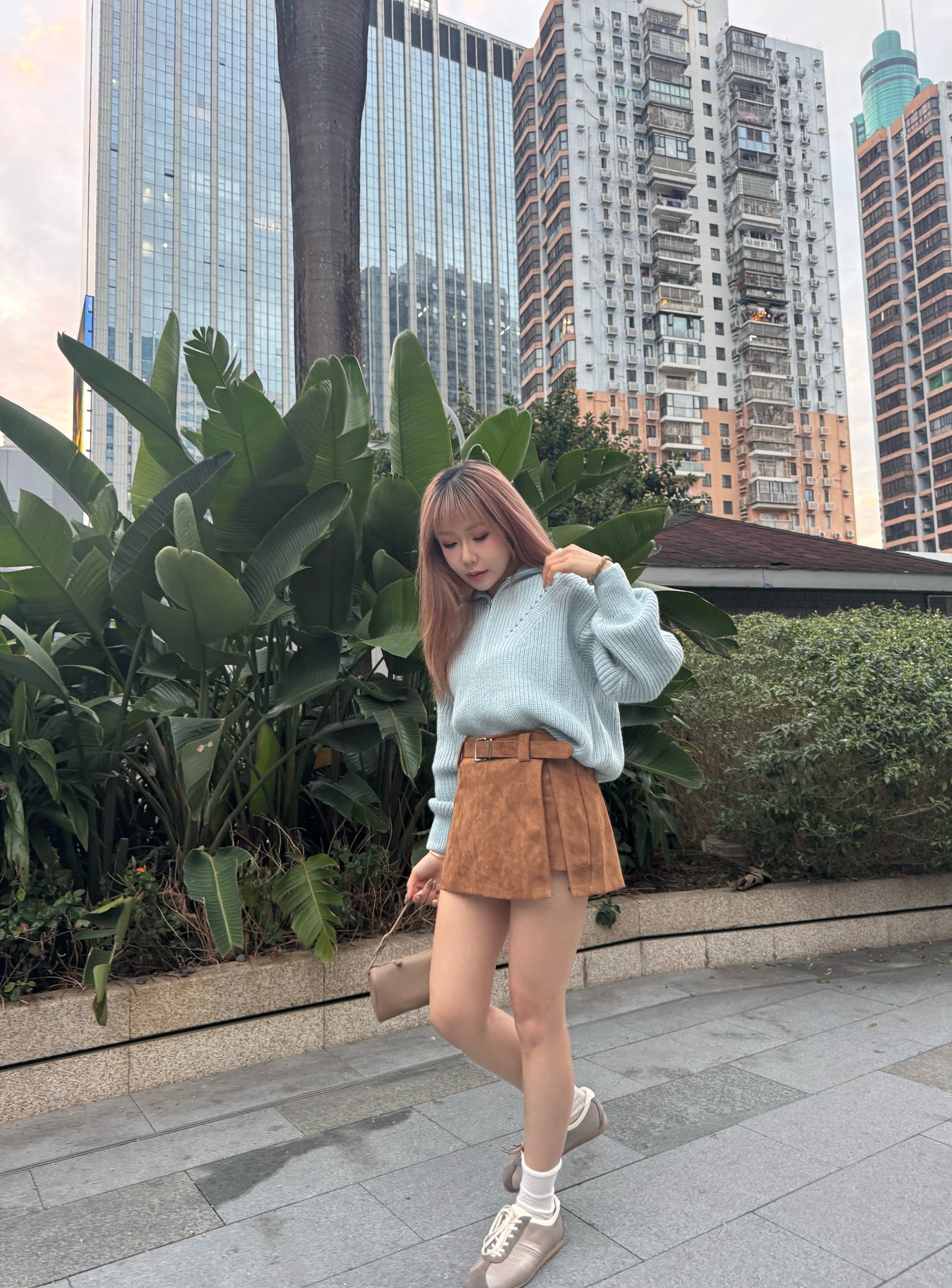 連BELT麂布開叉裙褲 ( 灰/啡 )