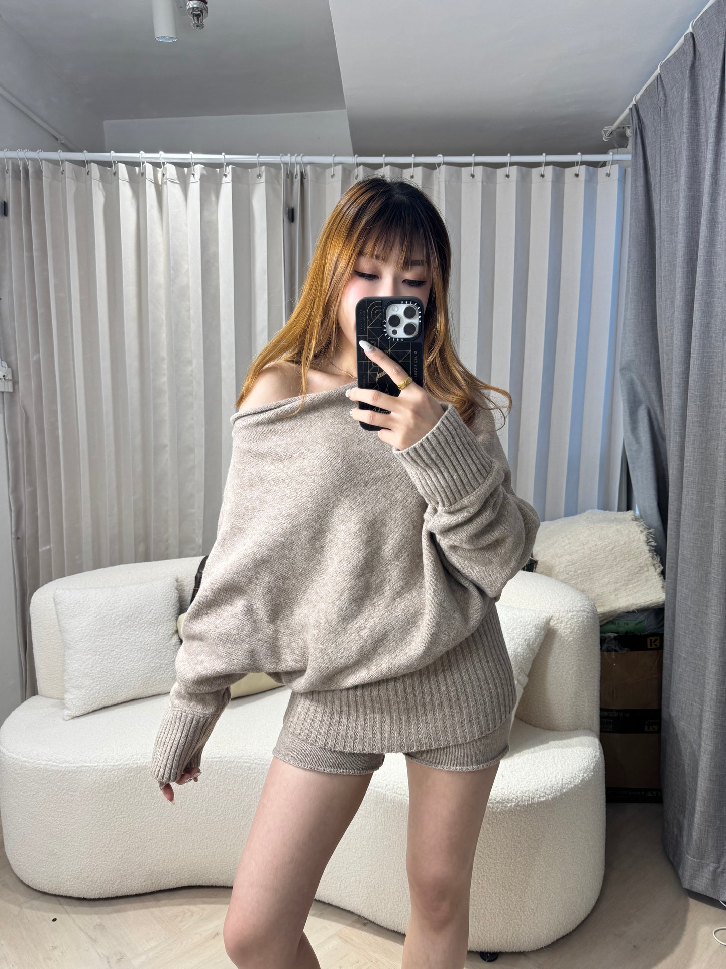 泡泡領冷上衣+短褲套裝SET ( 灰/杏 )