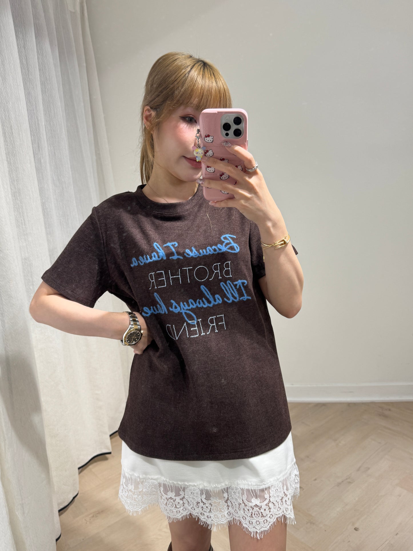 虛線刺繡棉TEE ( 啡/白 )