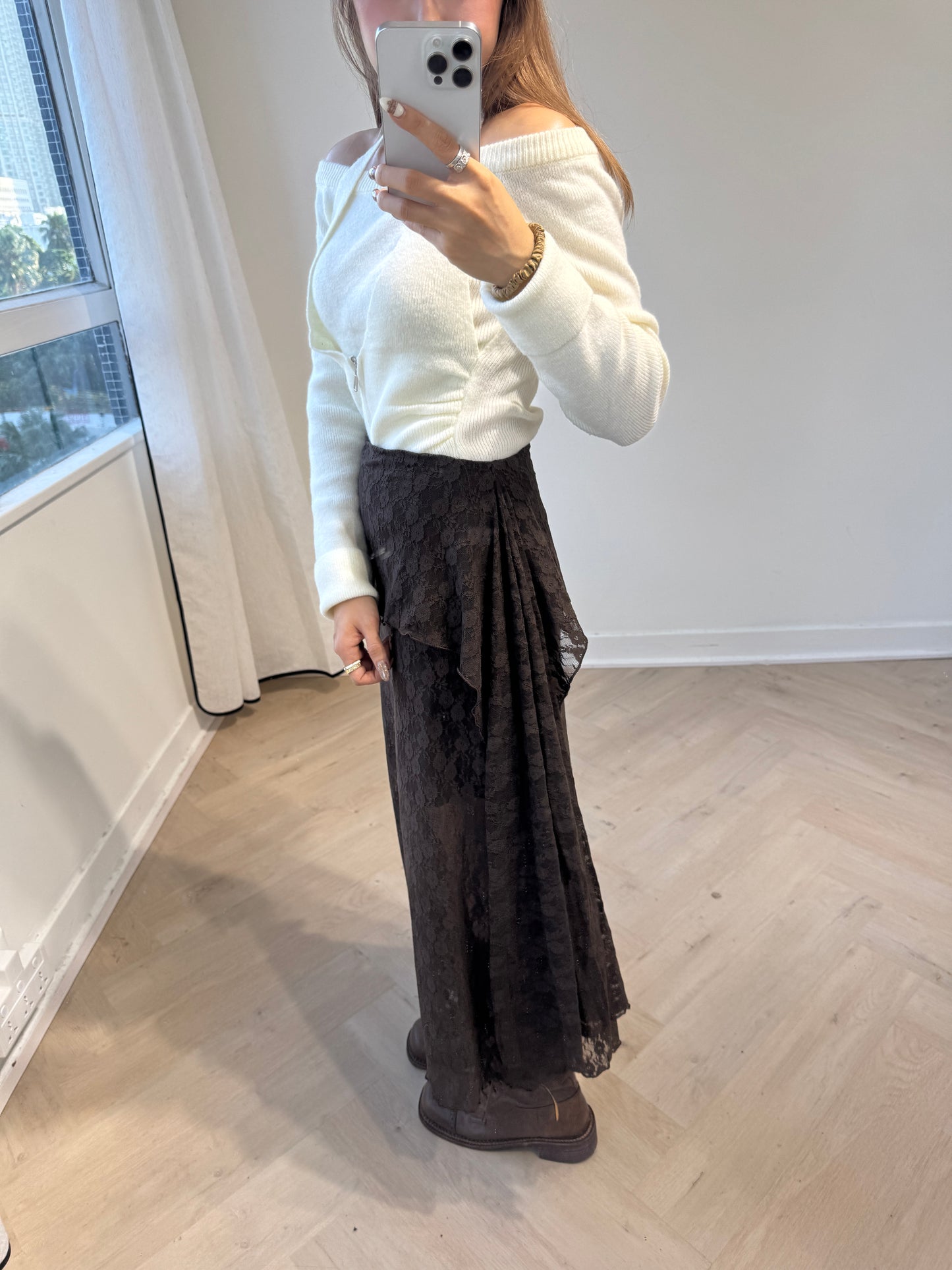 LACE層次開叉長裙 ( 黑/白/啡 )