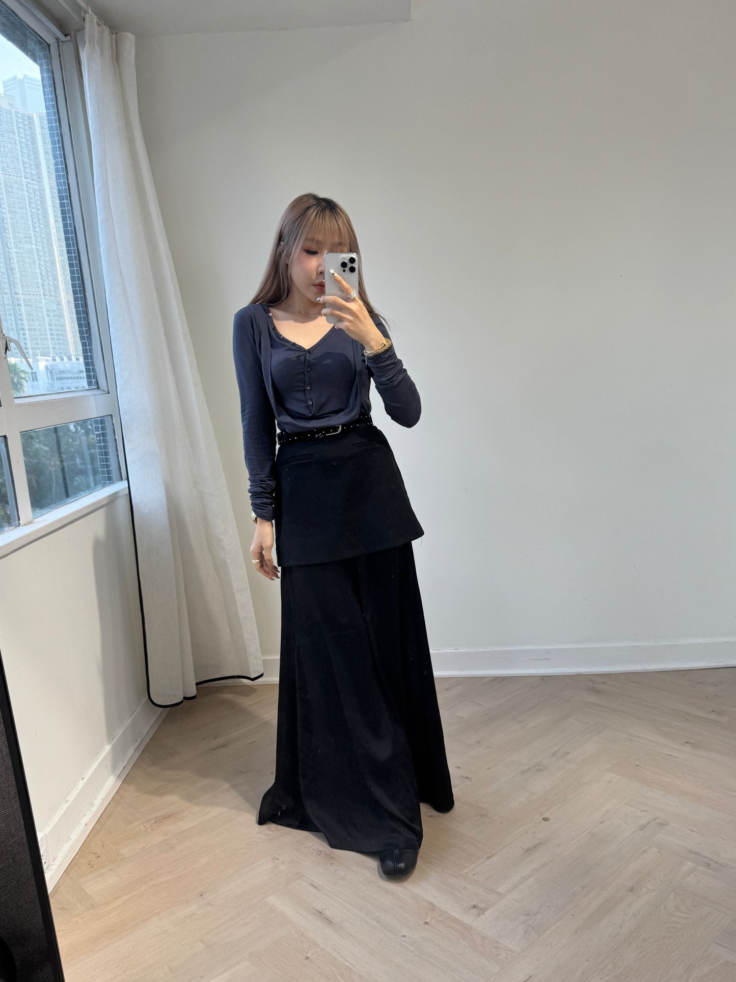 垂感鈕扣棉質上衣 ( 黑/深灰 )