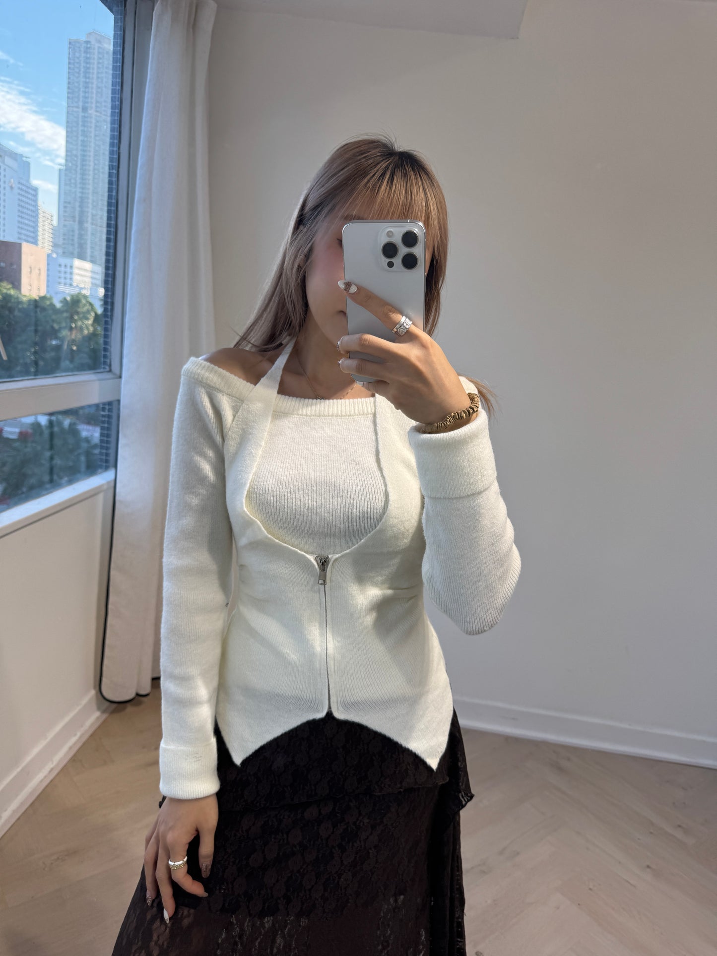 掛頸假兩件尖腳上衣 ( 黑/白/杏/灰 )