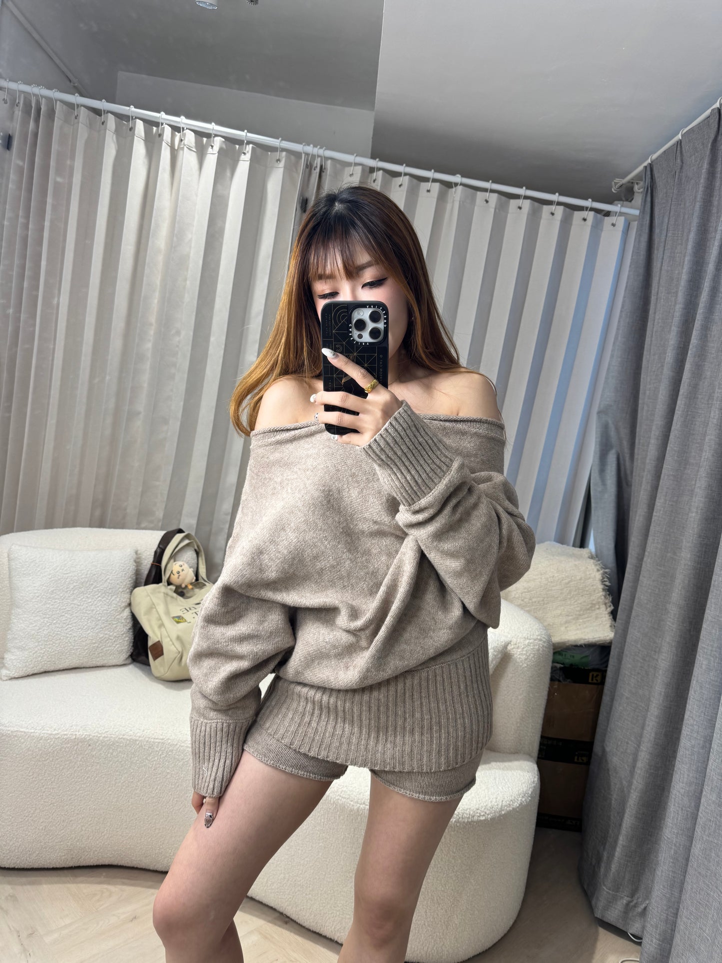 泡泡領冷上衣+短褲套裝SET ( 灰/杏 )