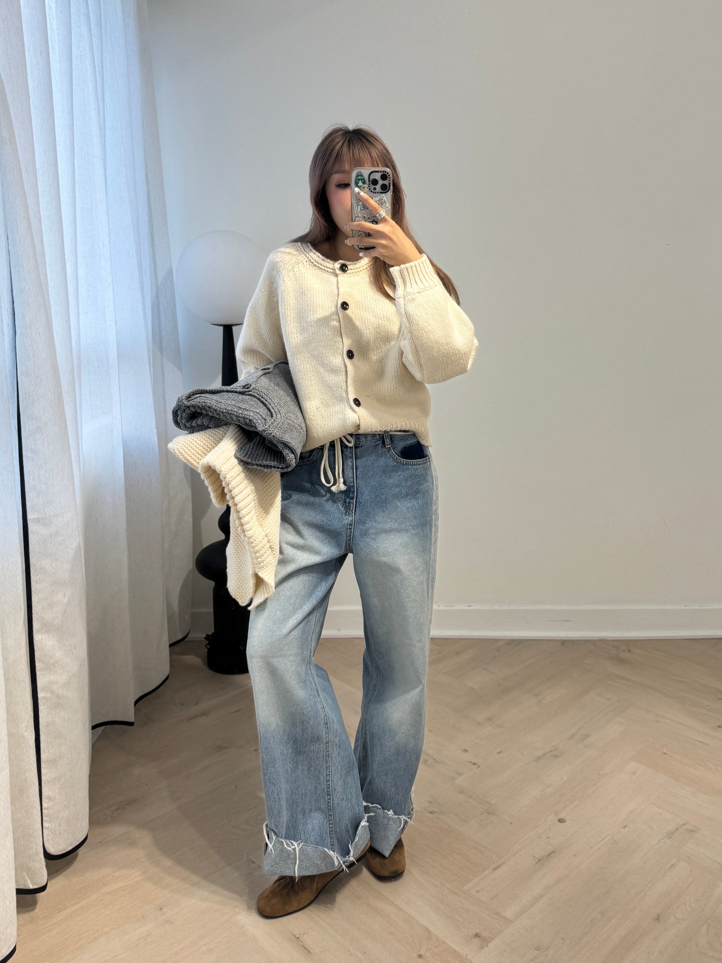 連冷帽鈕扣冷外套套裝 ( 灰/米白/黑 )