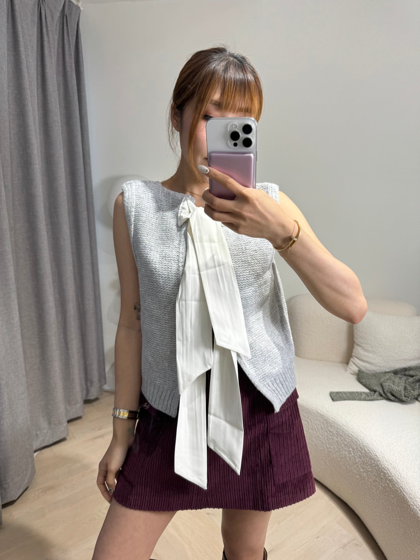 綁蝴蝶背心冷外套 ( 寶藍/灰 )