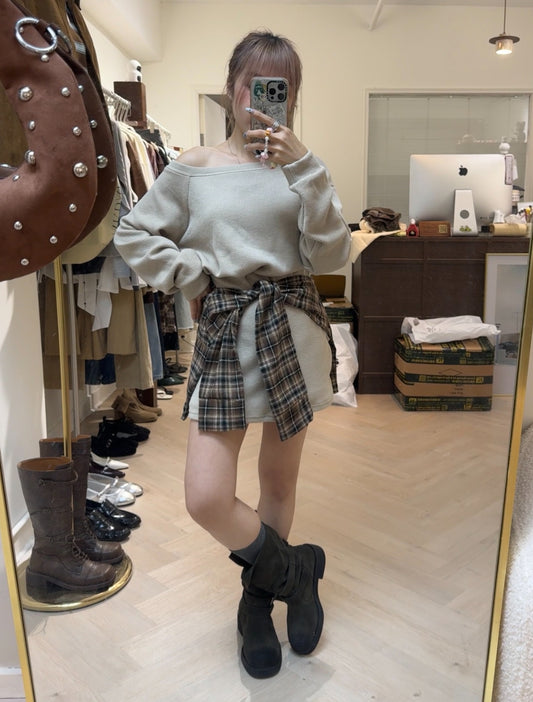 格仔圍巾上衣 + 裙褲套裝 ( 杏/黑 )