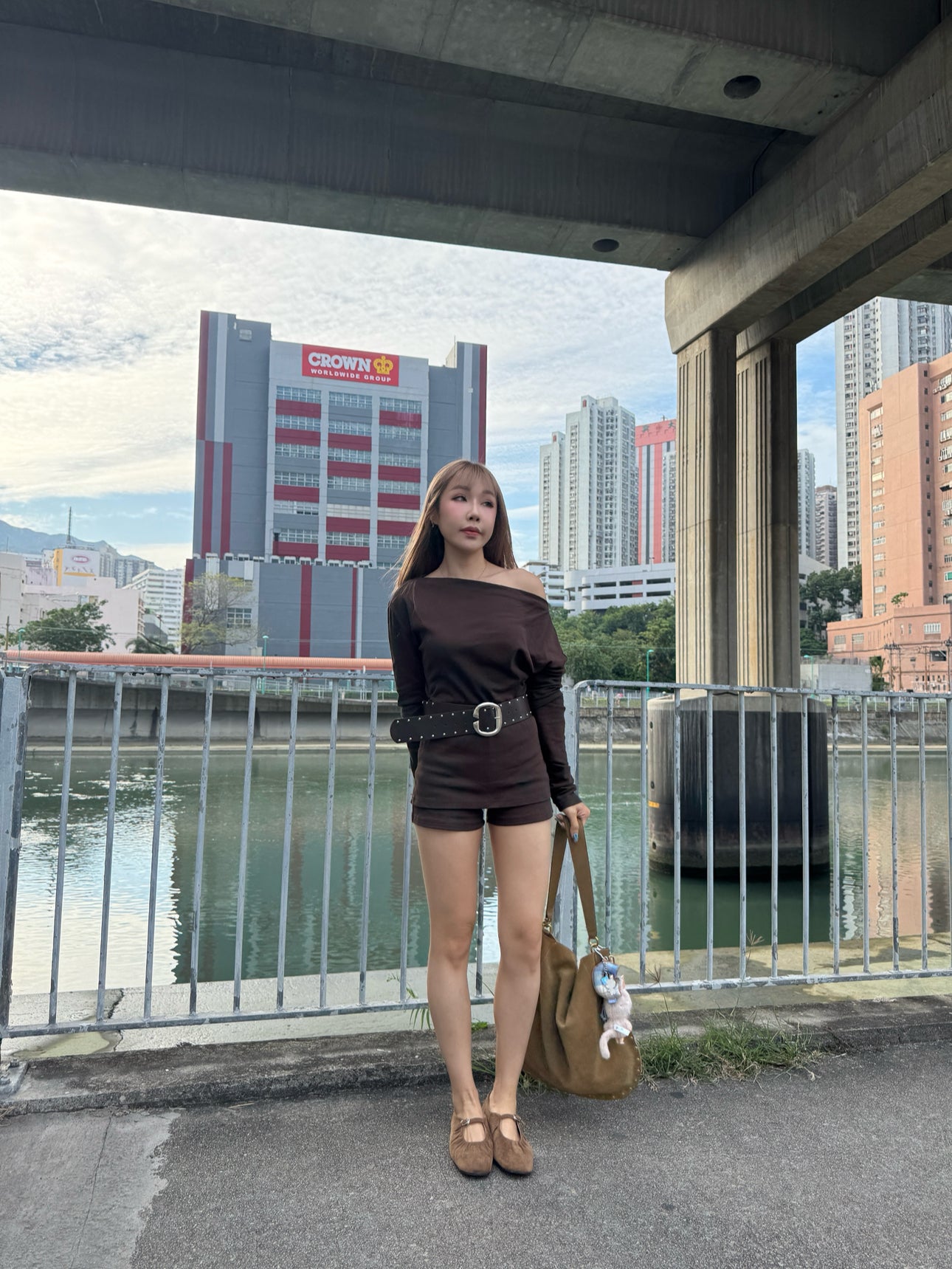 連皮帶棉質上衣 + 裙褲套裝 ( 黑/深啡 )