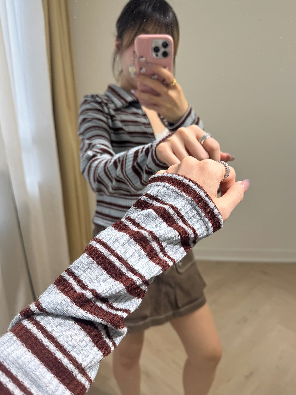 有領間條拉鍊上衣外套 ( 黑灰/白灰/啡藍 )