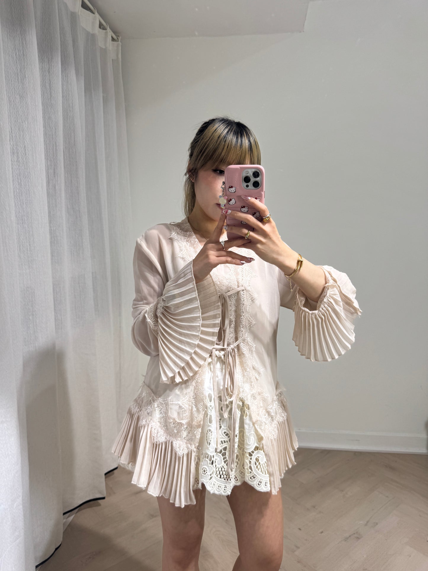 百摺雪紡拼LACE粉杏色套裝