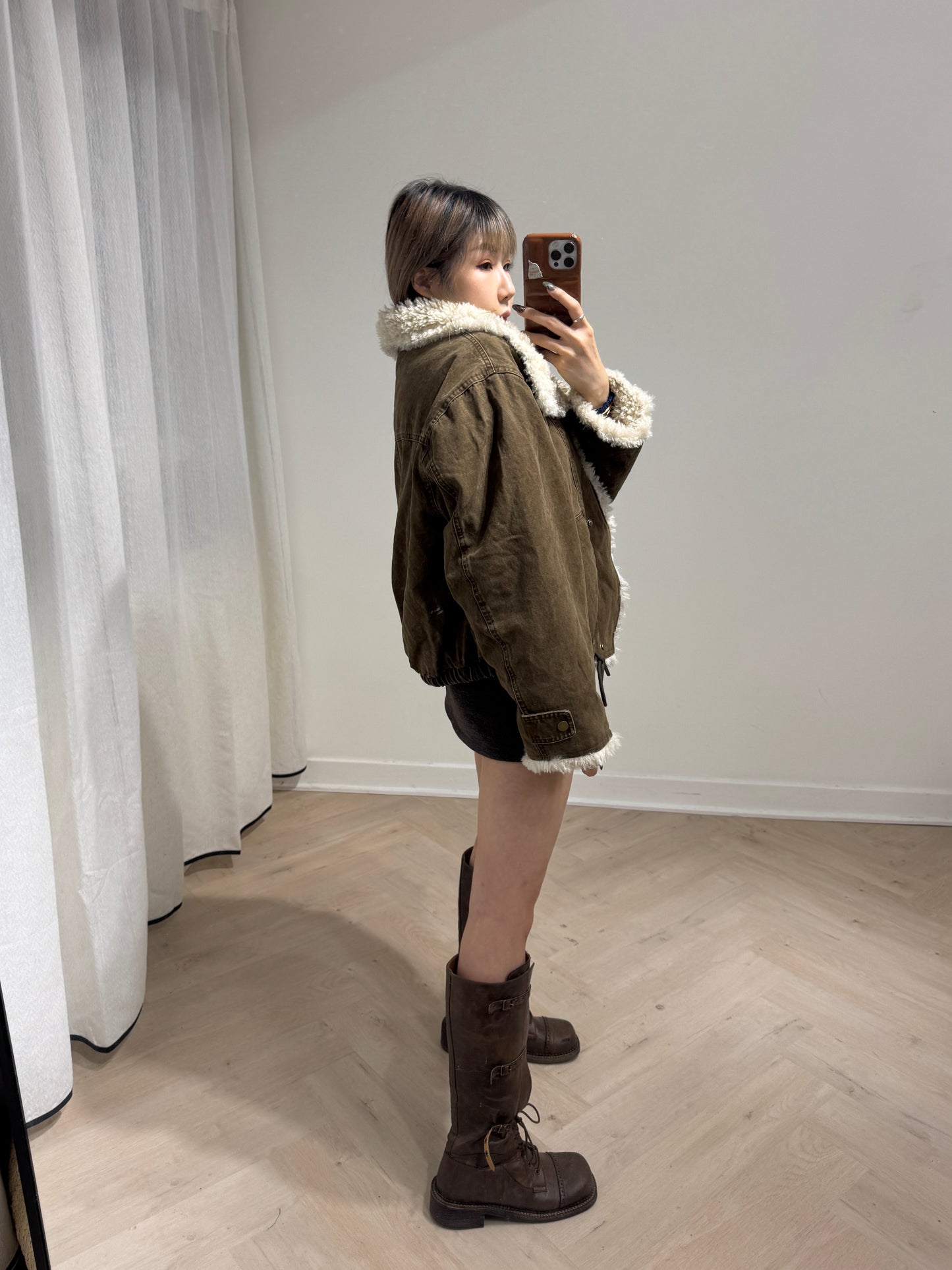 大反領毛毛洗水外套 ( 灰綠/啡 )