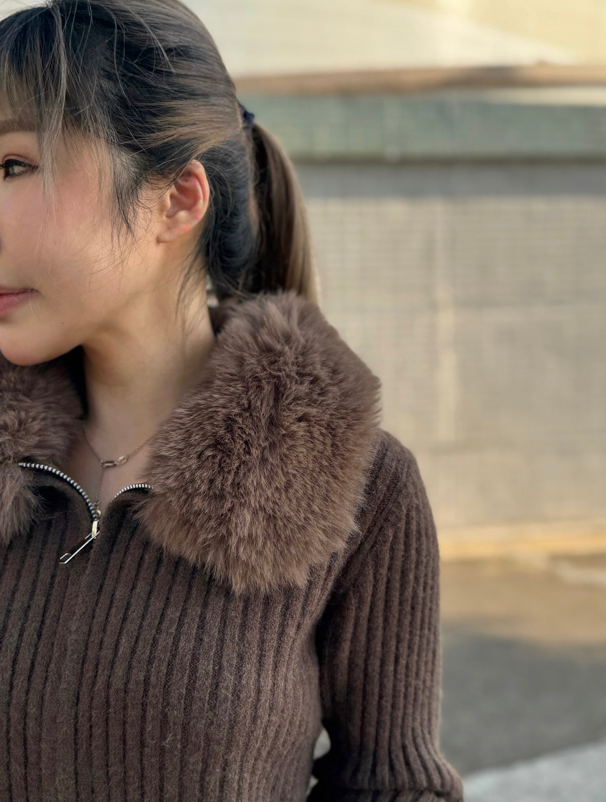 滑毛毛領拉鍊外套 ( 杏/灰/啡 )
