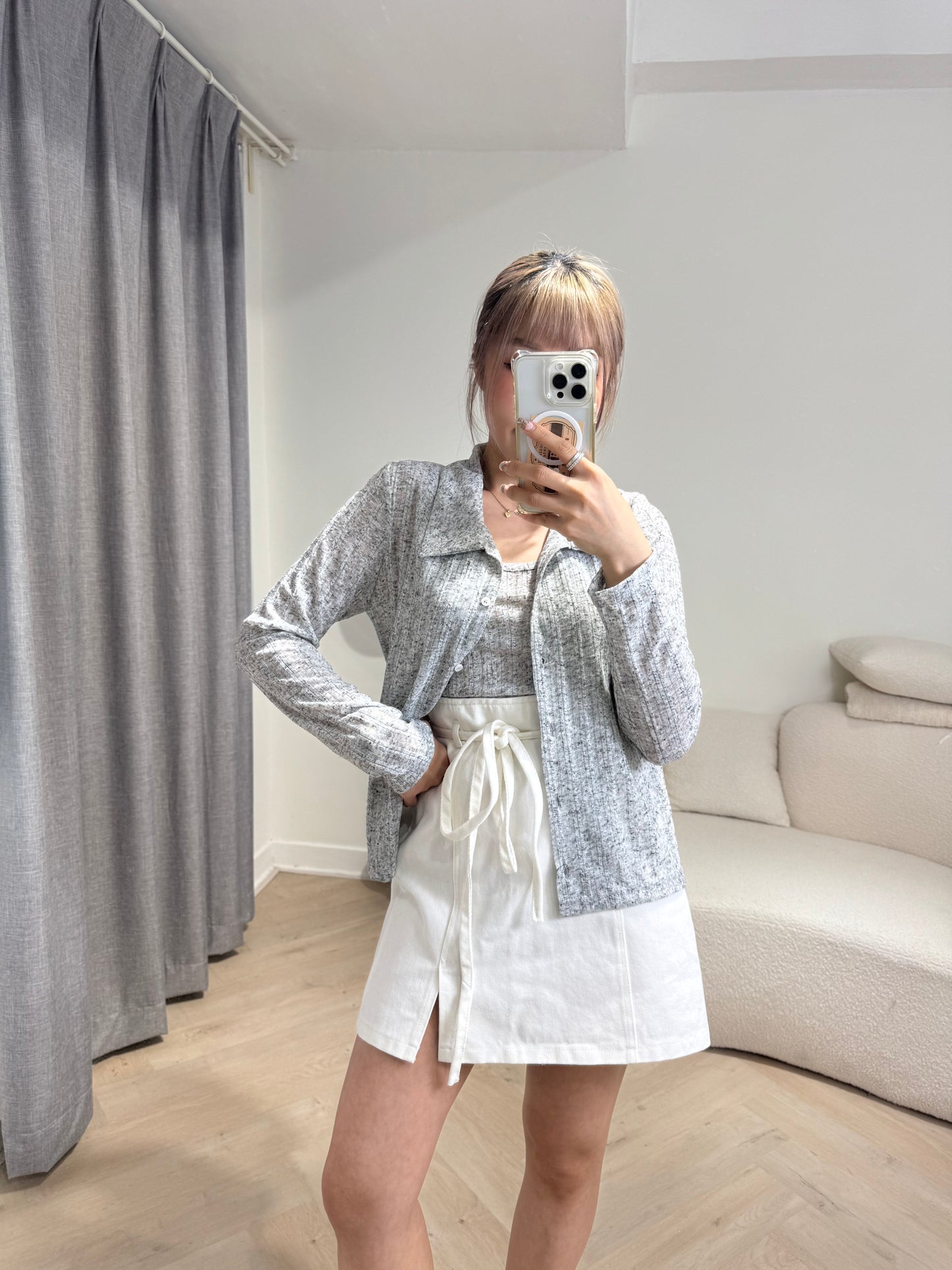 明線綁繩開叉短裙 ( 黑/白 ）