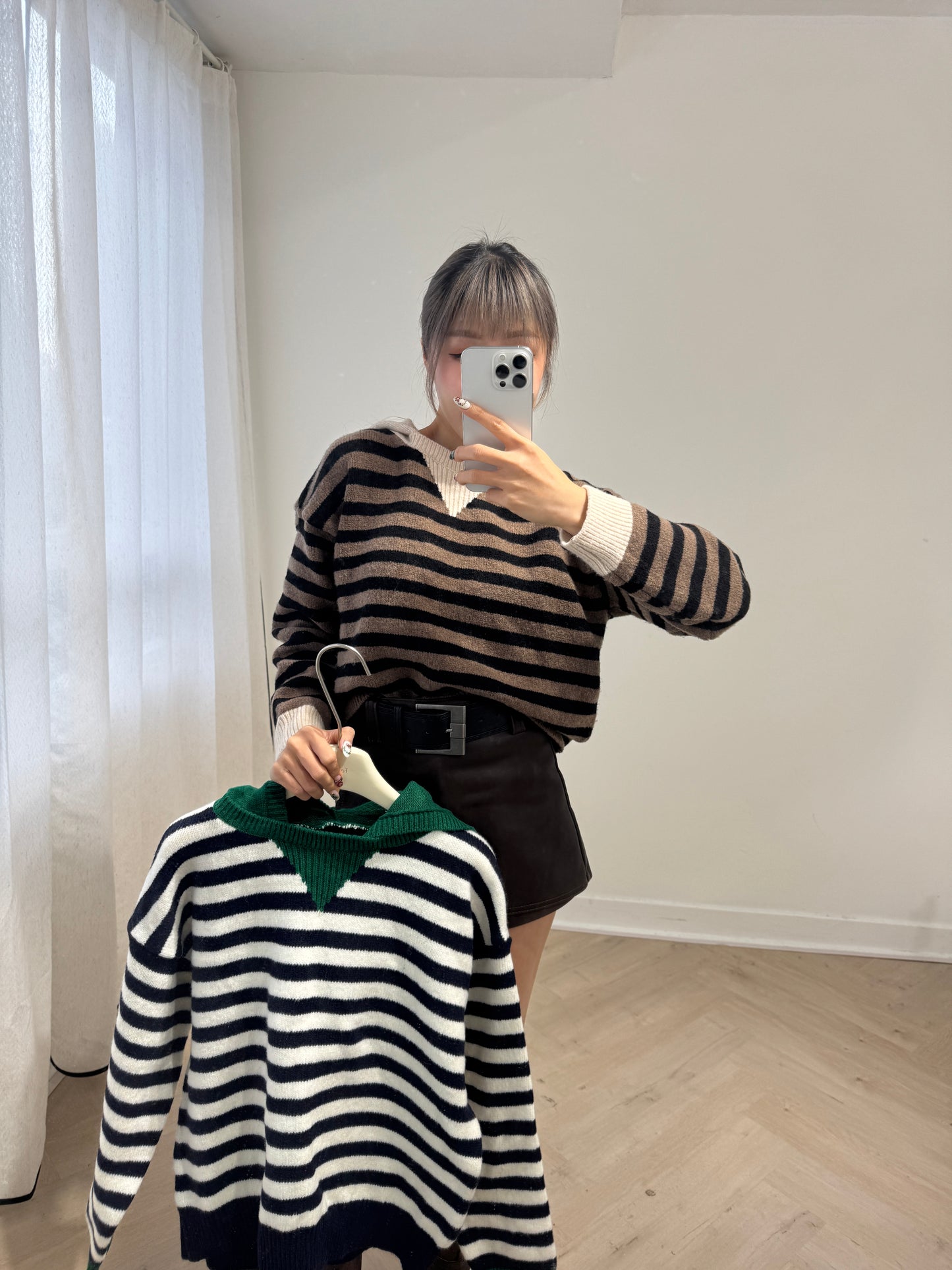 有帽間條冷線上衣 ( 啡/紅/綠 )