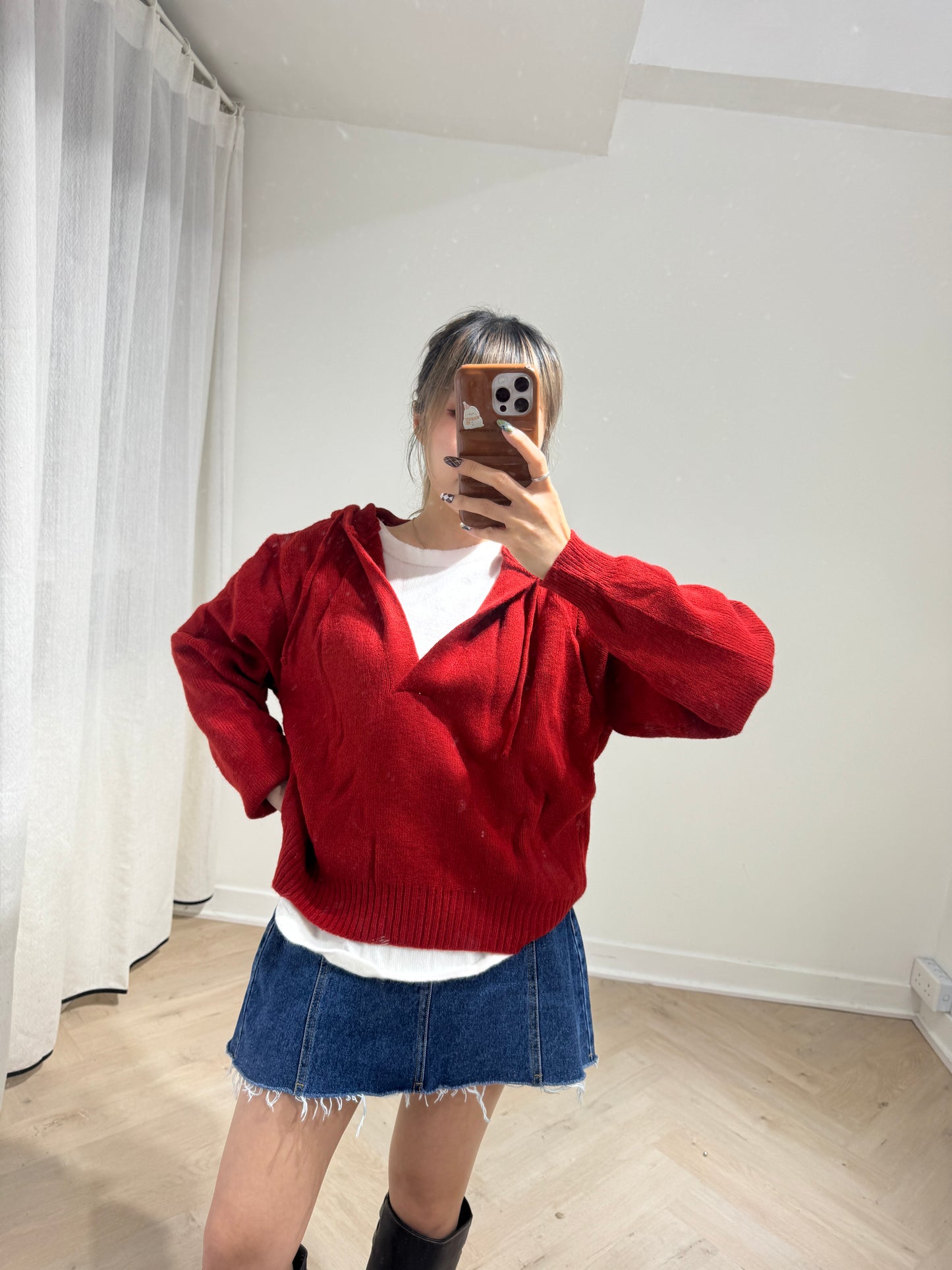 紅色假兩件有帽上衣