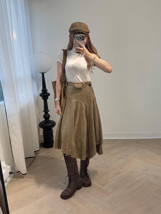 麂布連腰繩不規則長裙 ( 深啡/淺啡 )