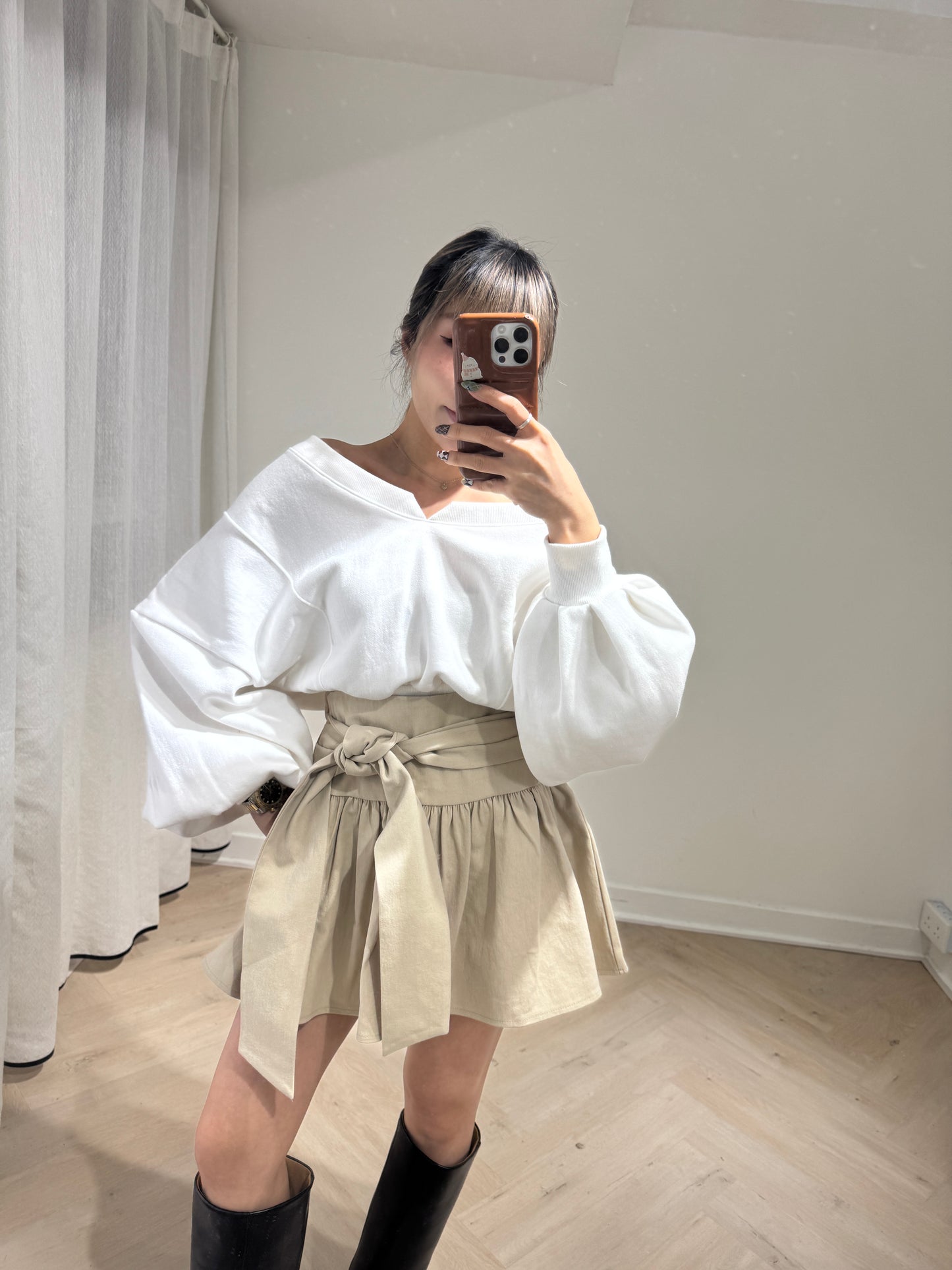 綁結傘形短裙 ( 黑/杏 )