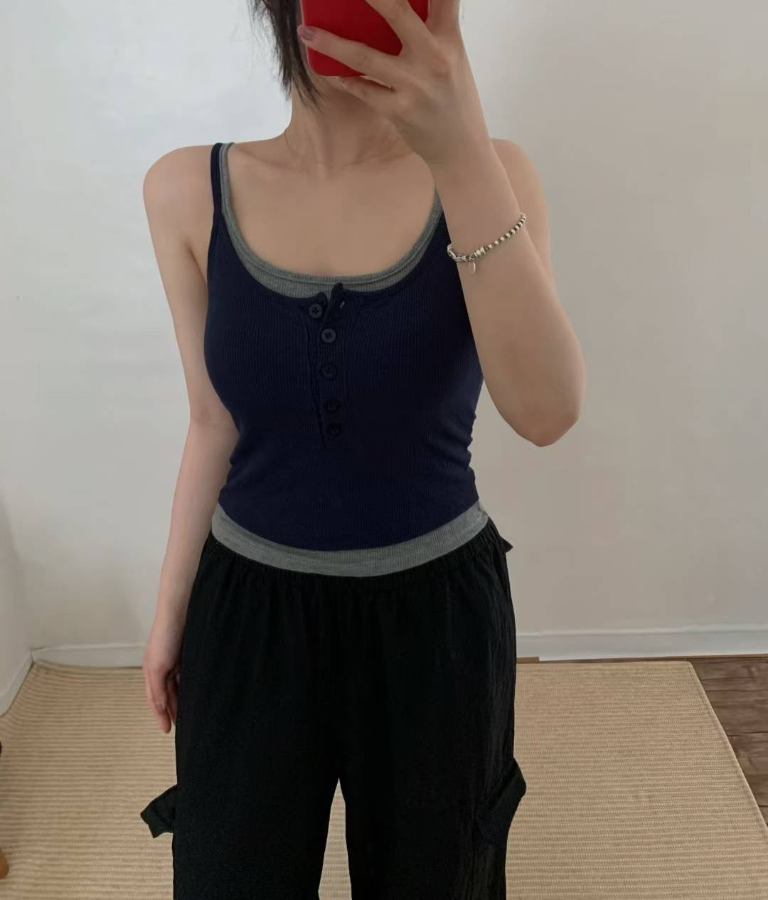 併色鈕扣有PAD背心 ( 黑/灰/啡/深藍 )