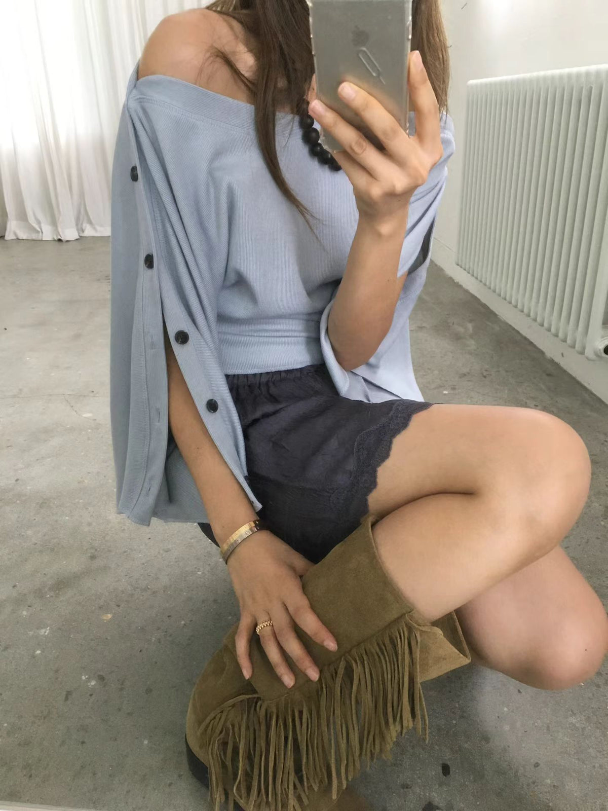 鈕扣闊袖上衣 ( 黑/白/深灰 )