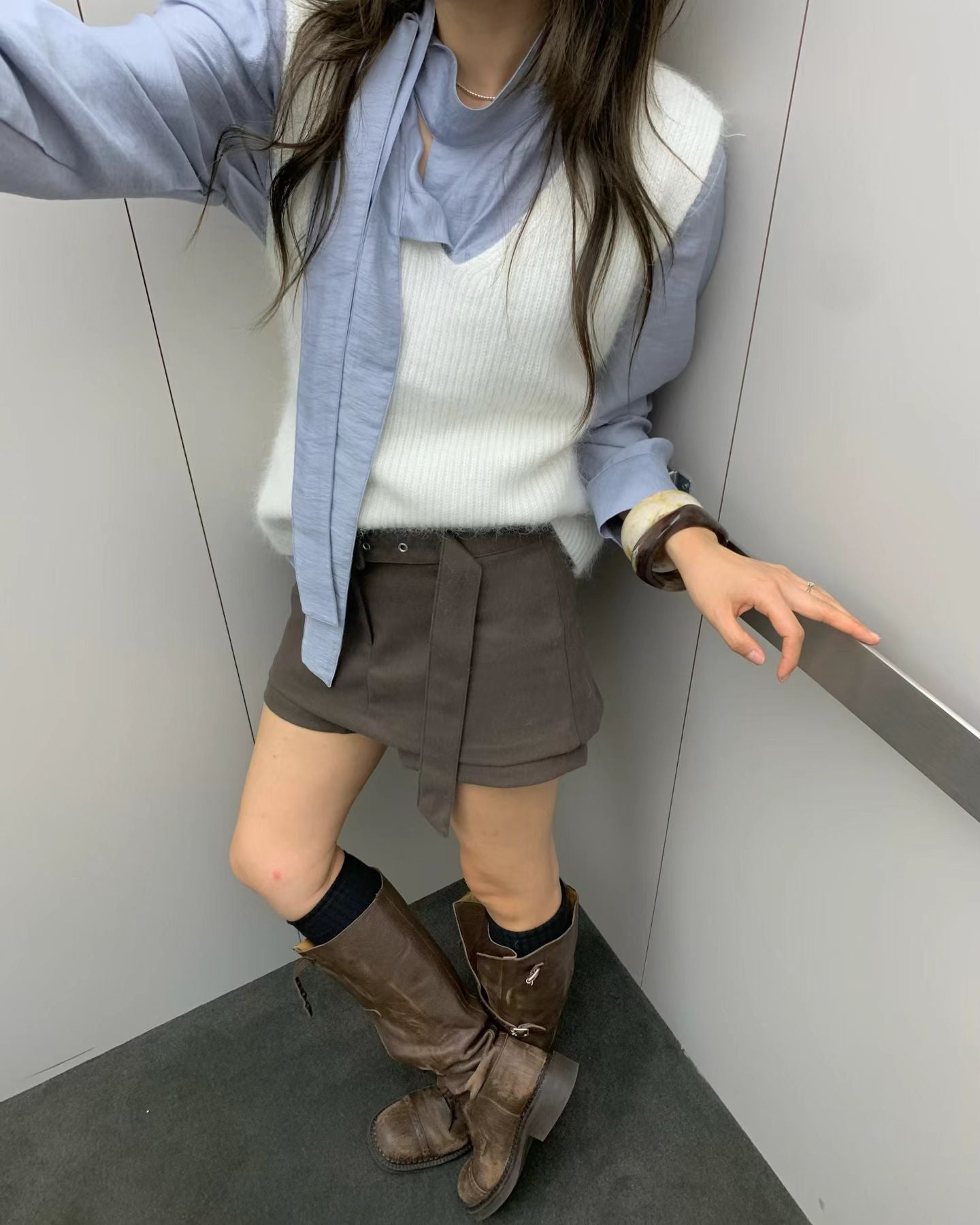 連腰帶絨面裙褲 ( 深灰/深啡 )