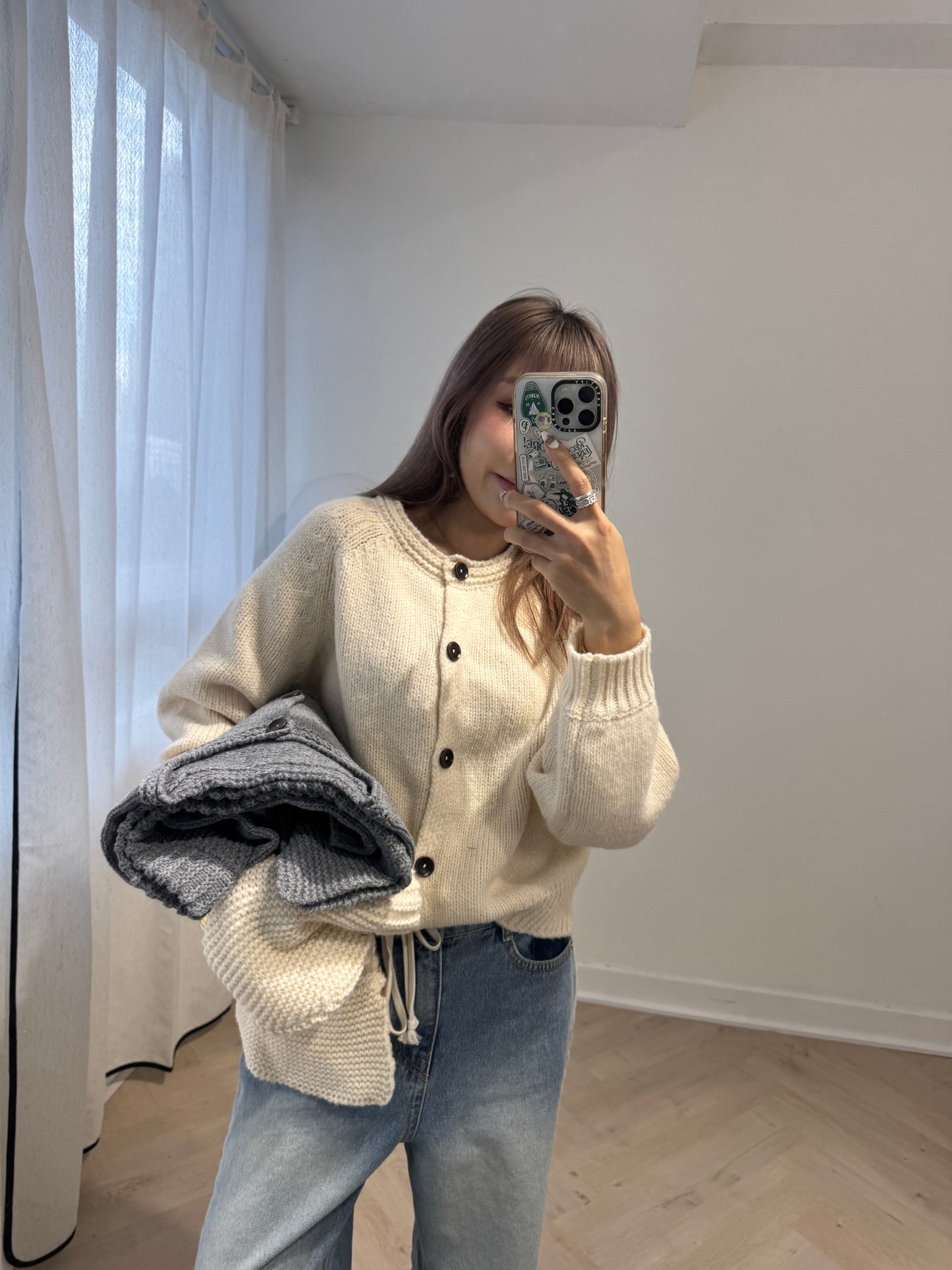 連冷帽鈕扣冷外套套裝 ( 灰/米白/黑 )