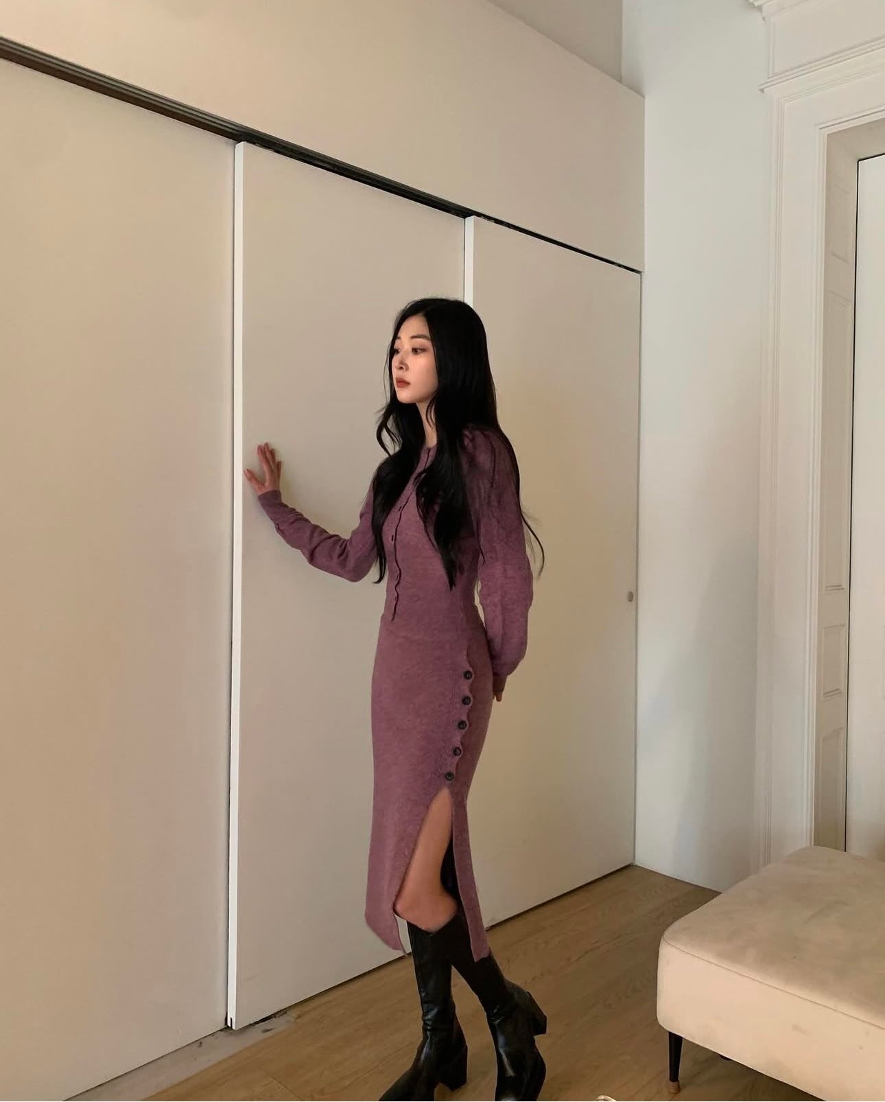 羊毛料開鈕鉛筆裙 ( 啡/紫 )