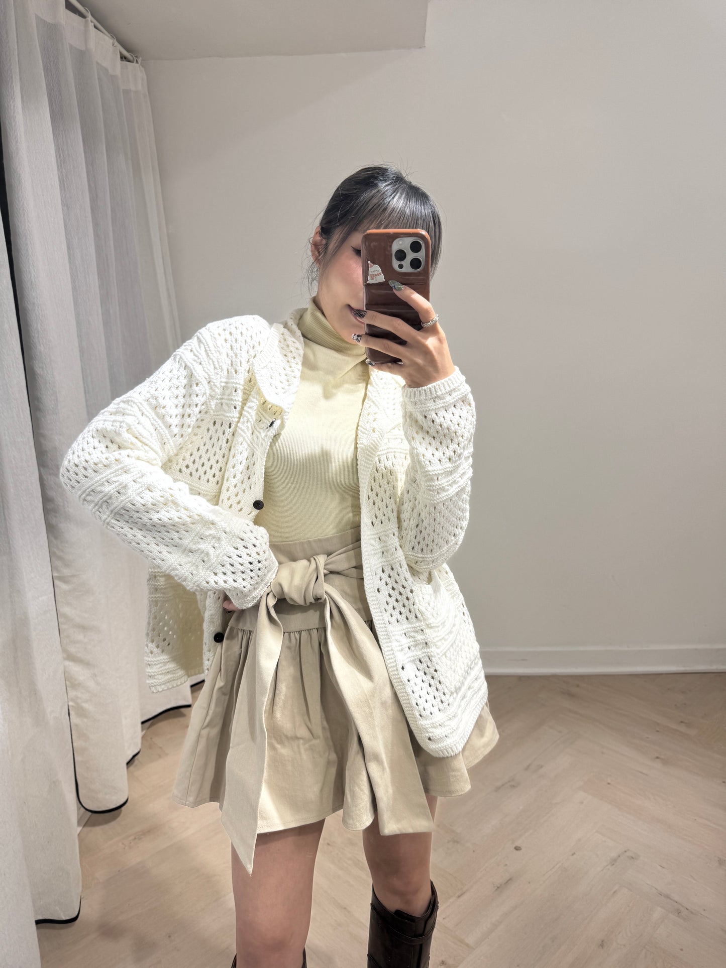 綁結傘形短裙 ( 黑/杏 )