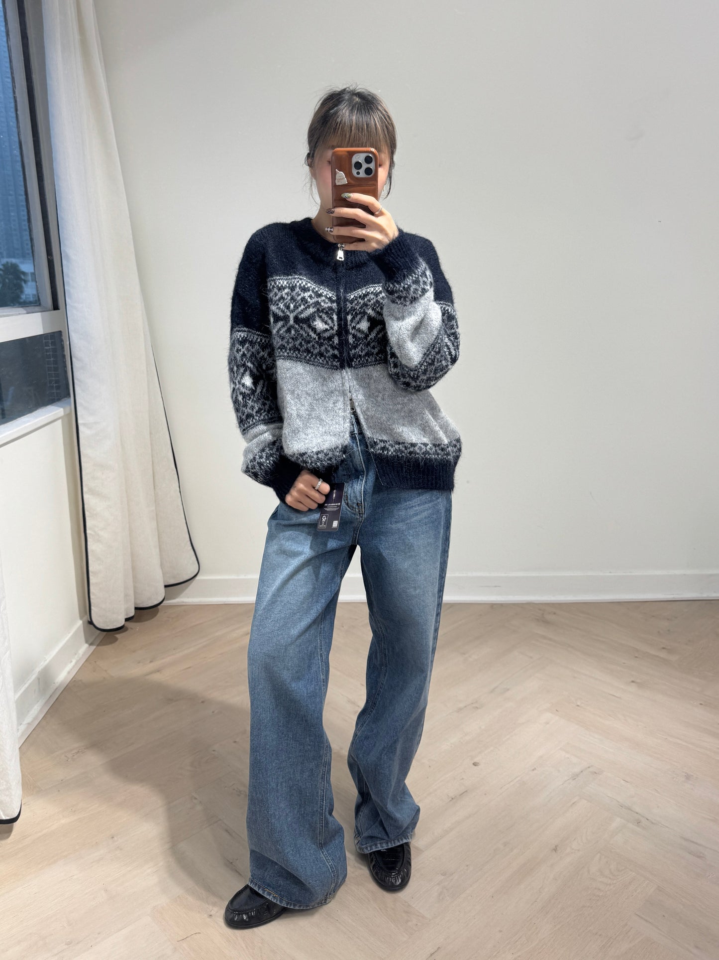 灰併寶藍雪花拉鍊外套